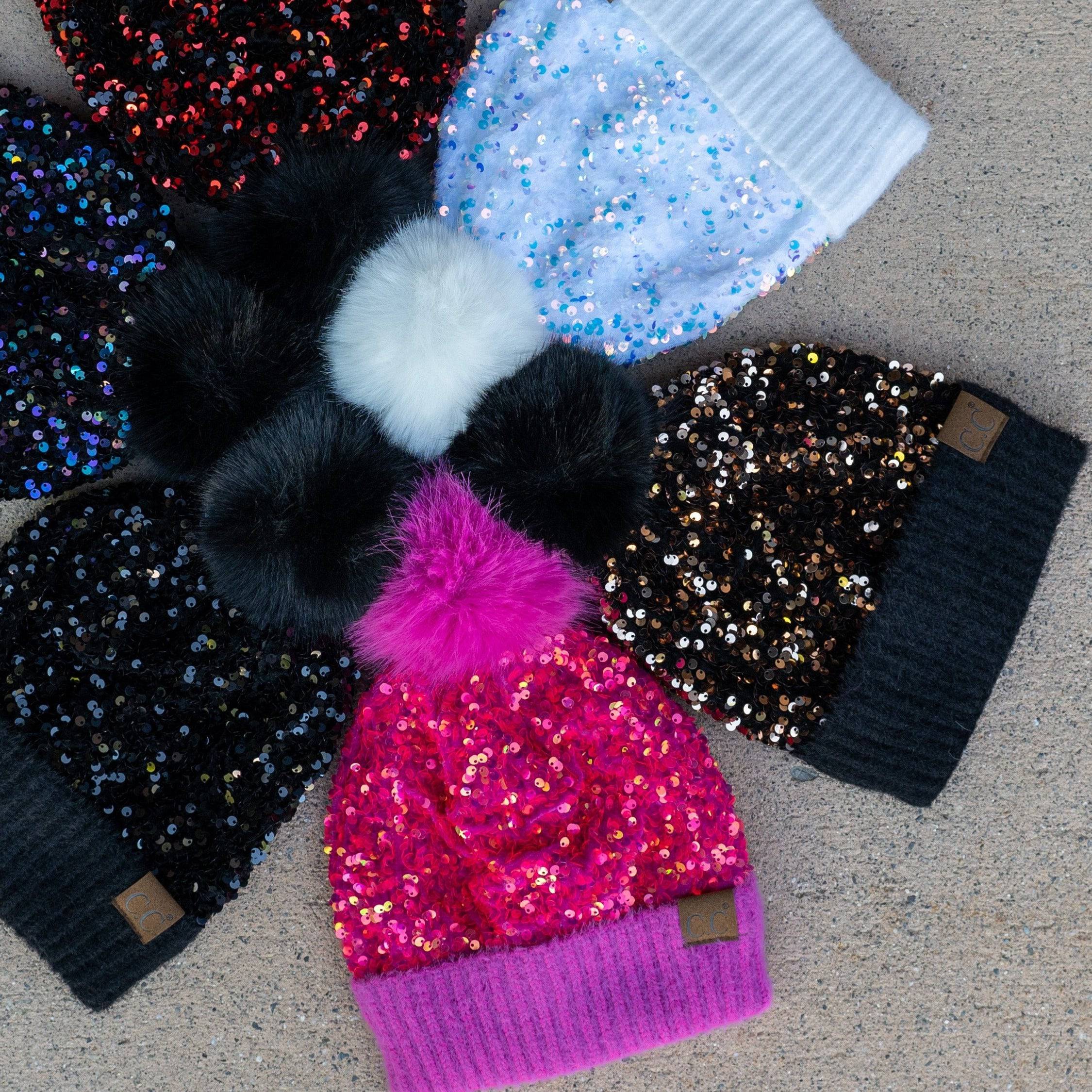 CC Sequin Fur Pom Beanie featuring a sparkling sequin design and a plush faux fur pom, available in adult and kid sizes.