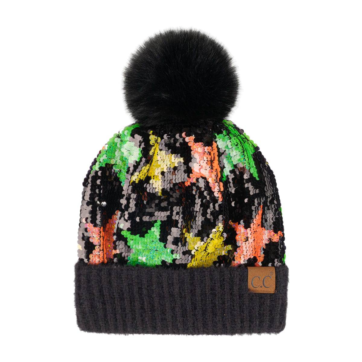 CC Sequin Fur Pom Beanie featuring a sparkling sequin design and a plush faux fur pom, available in adult and kid sizes.