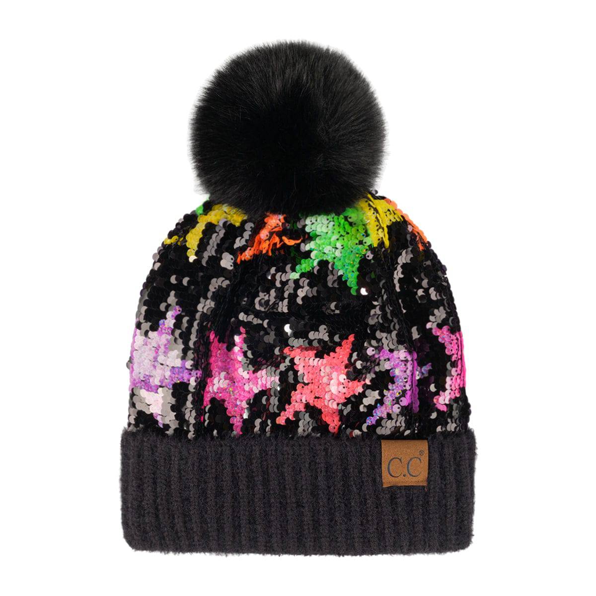 CC Sequin Fur Pom Beanie featuring a sparkling sequin design and a plush faux fur pom, available in adult and kid sizes.