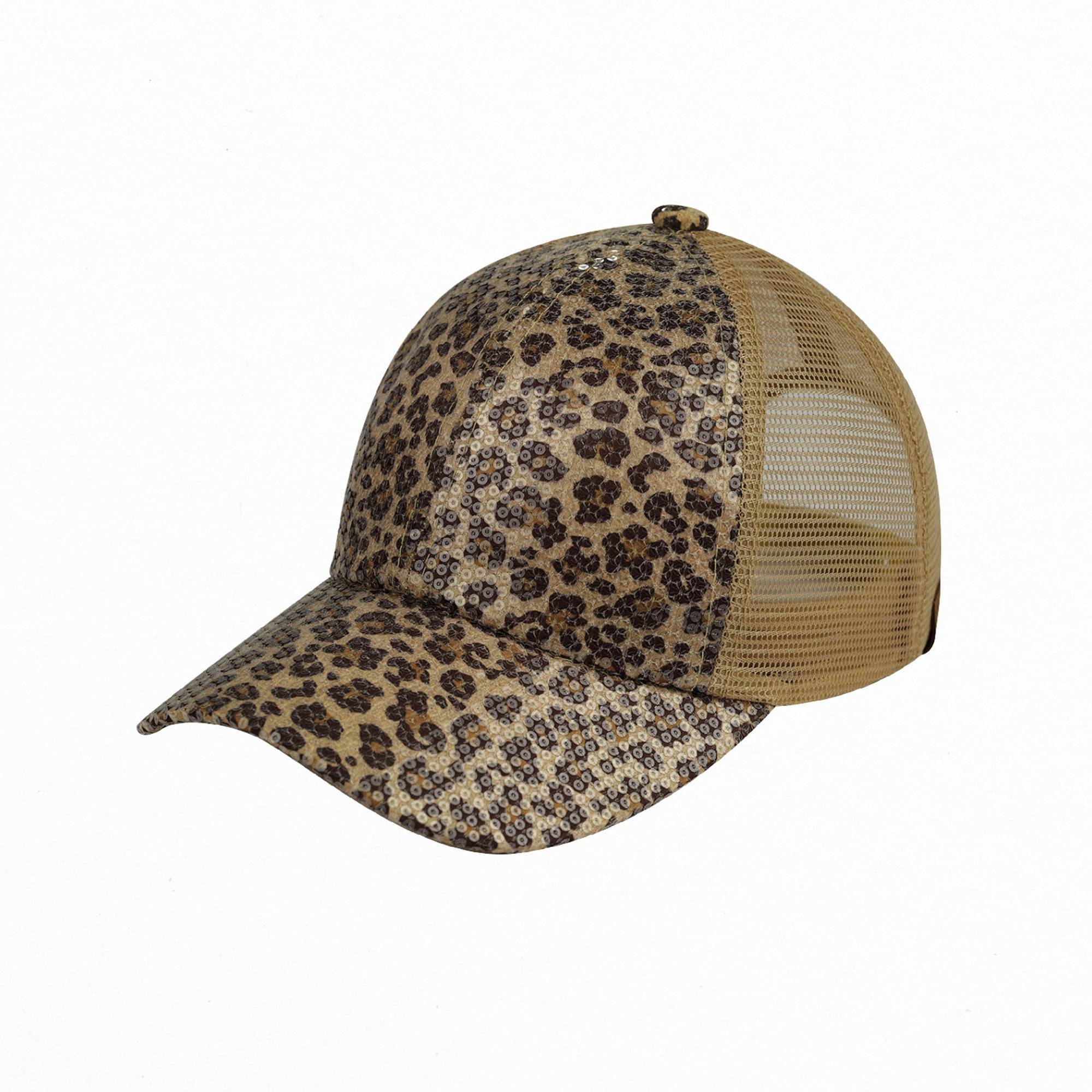 CC Sequin Leopard Baseball Cap featuring a stylish sequin leopard pattern and adjustable velcro strap, perfect for casual wear.