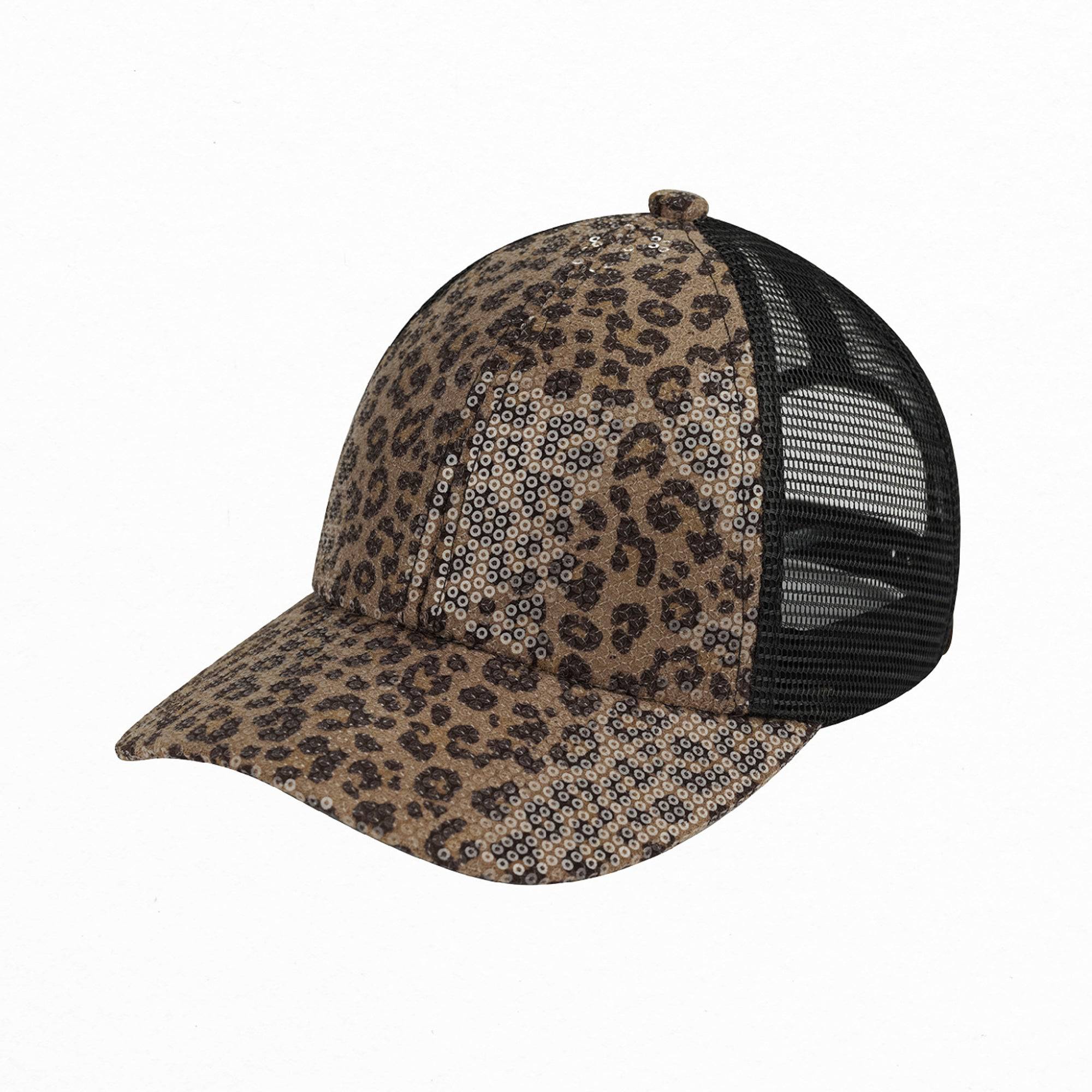 CC Sequin Leopard Baseball Cap featuring a stylish sequin leopard pattern and adjustable velcro strap, perfect for casual wear.