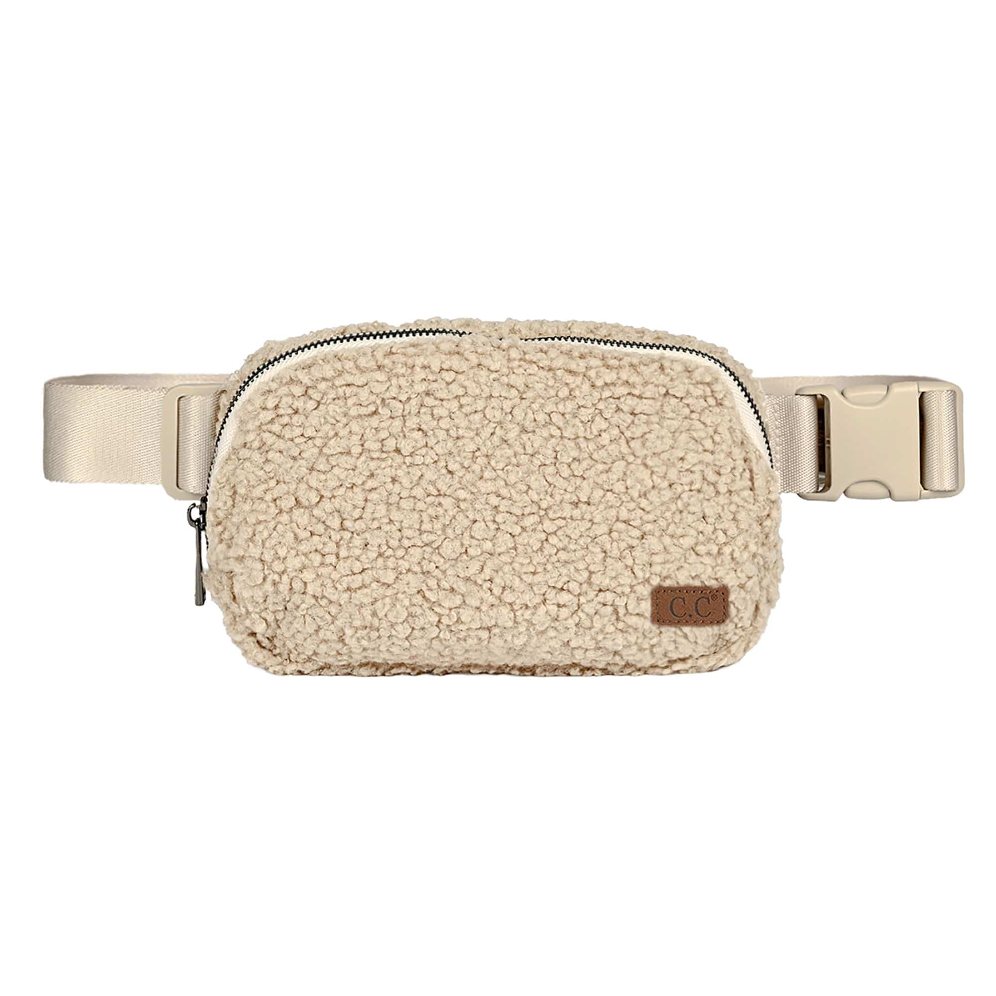 CC Sherpa Belt Bag Fanny Pack in trendy colors with adjustable strap and three mesh pockets for essentials.