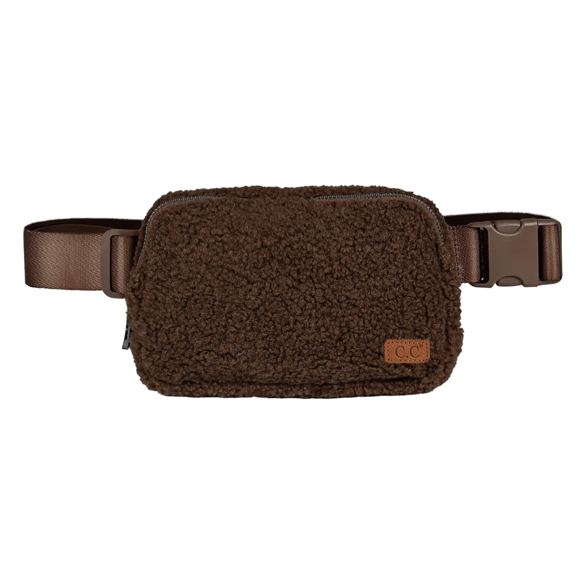 CC Sherpa Belt Bag Fanny Pack in trendy colors with adjustable strap and three mesh pockets for essentials.