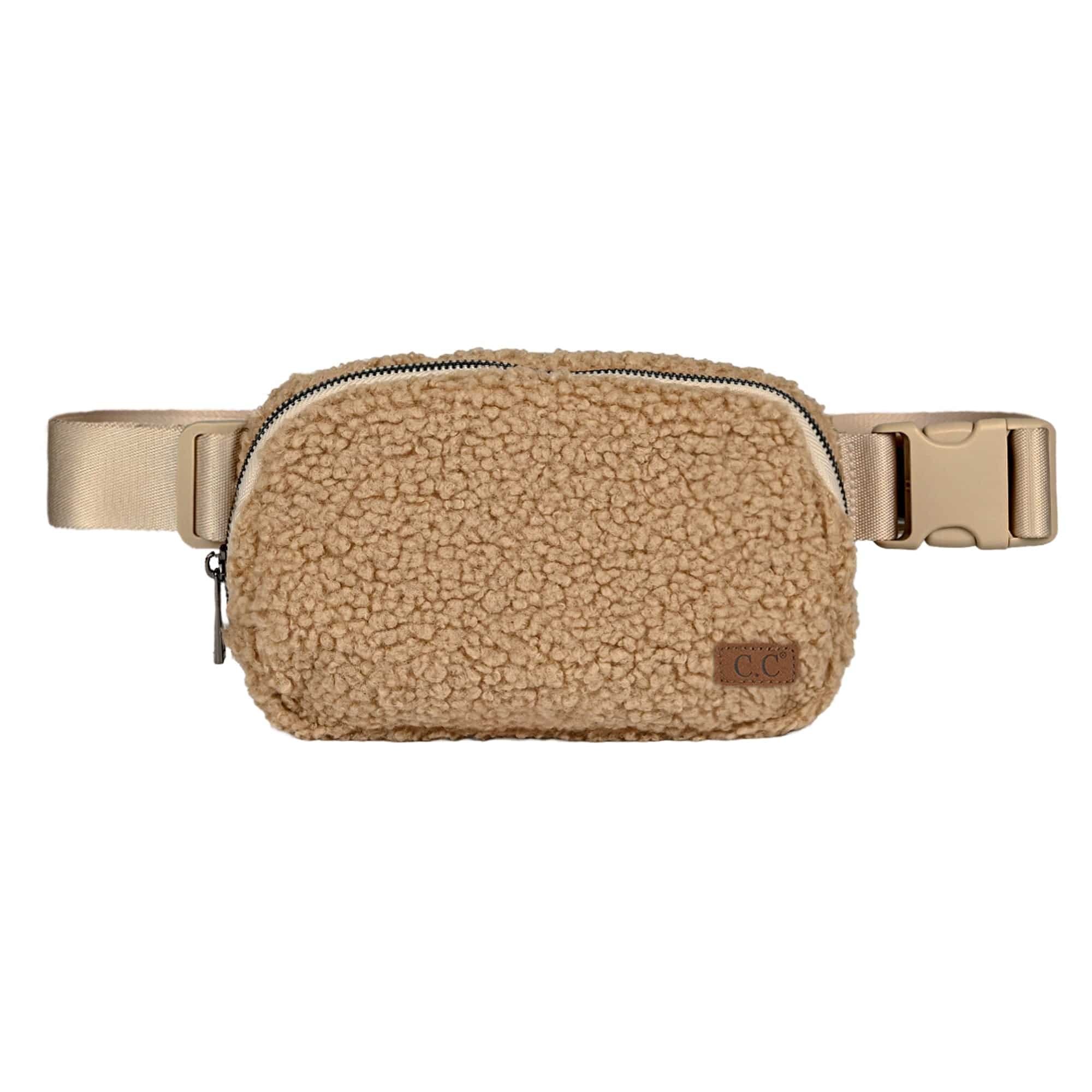 CC Sherpa Belt Bag Fanny Pack in trendy colors with adjustable strap and three mesh pockets for essentials.