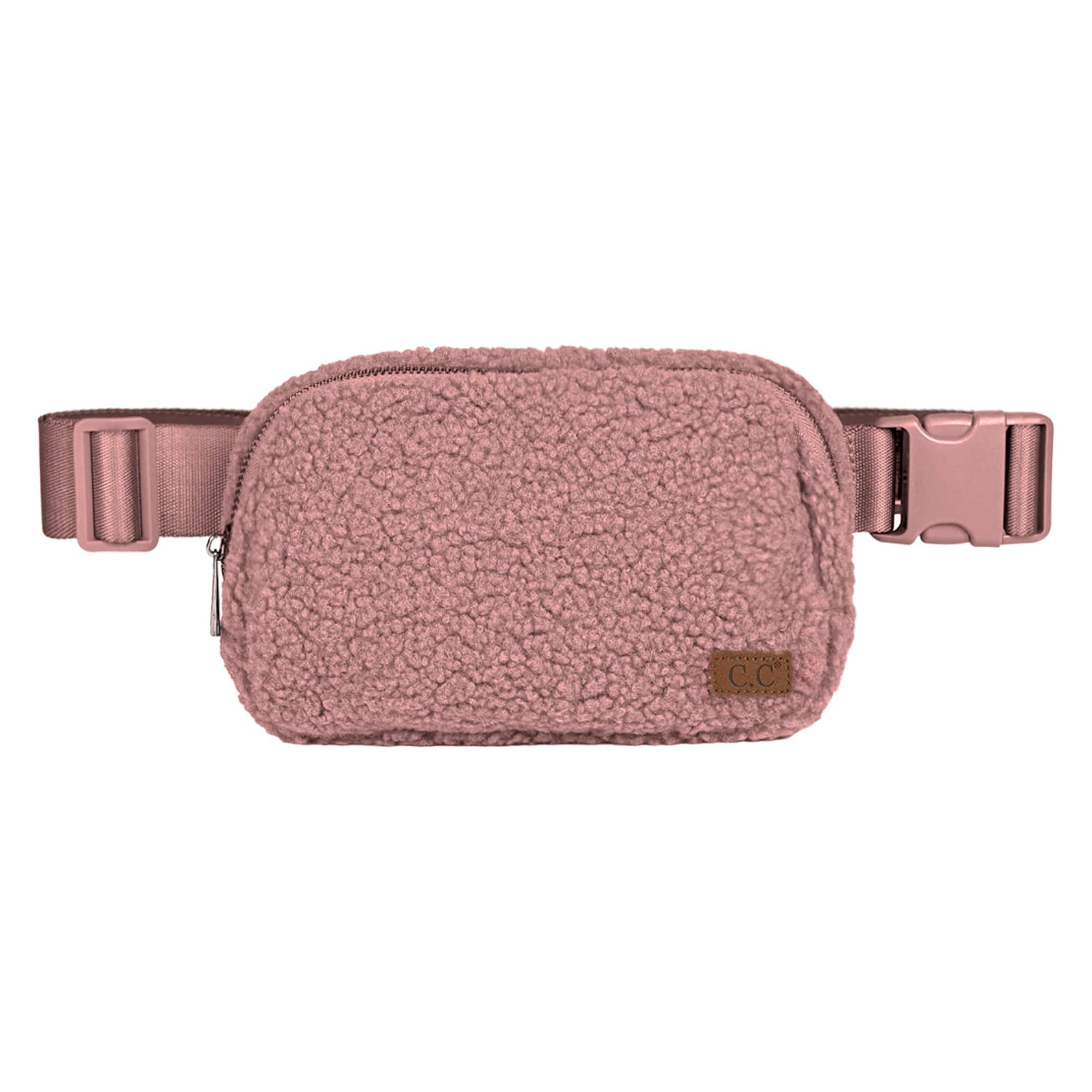 CC Sherpa Belt Bag Fanny Pack in trendy colors with adjustable strap and three mesh pockets for essentials.