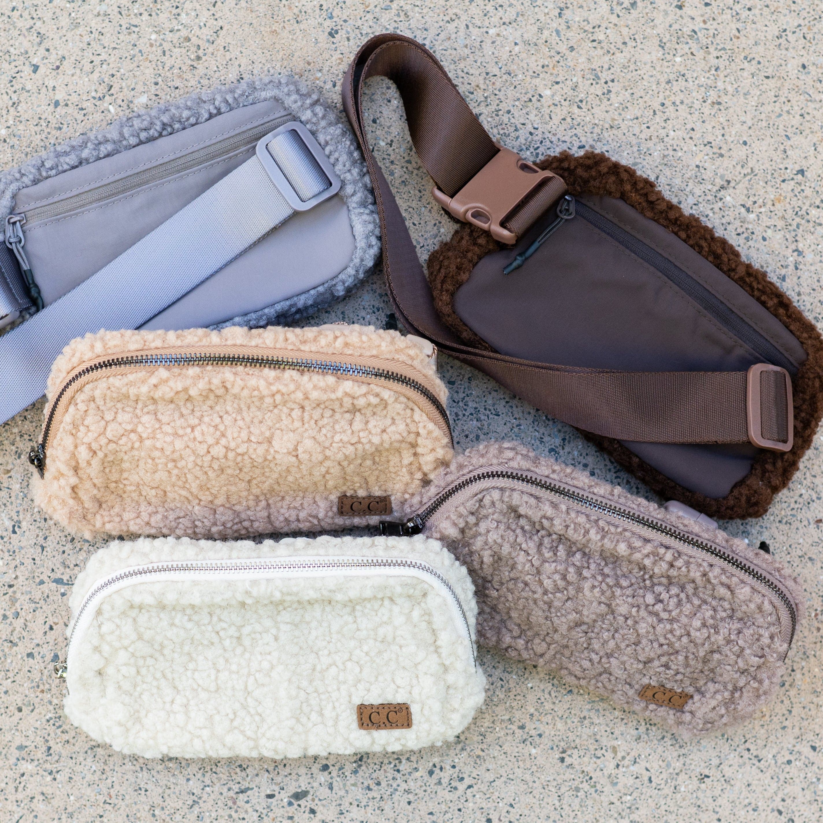 CC Sherpa Belt Bag Fanny Pack in trendy colors with adjustable strap and three mesh pockets for essentials.