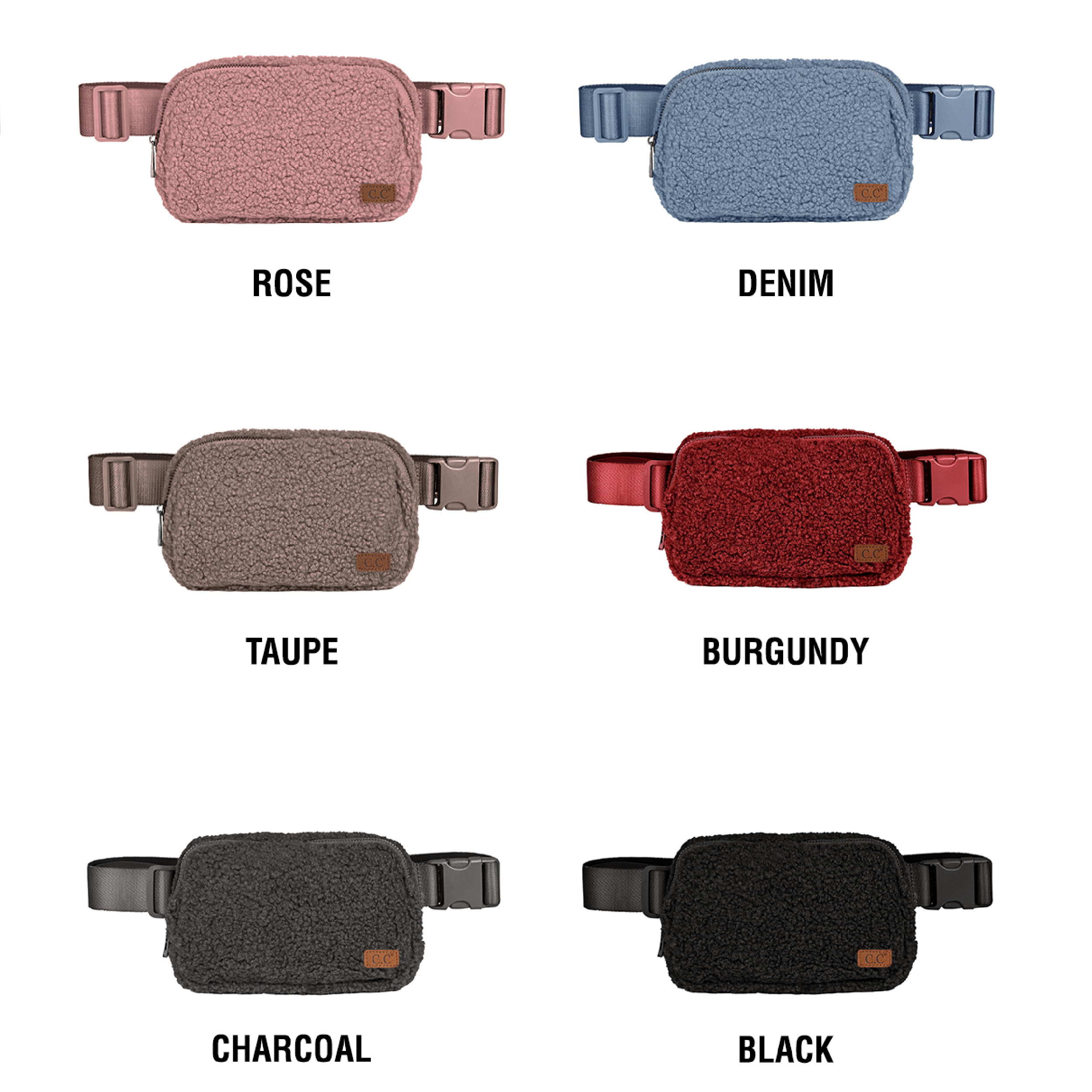 CC Sherpa Belt Bag Fanny Pack in trendy colors with adjustable strap and three mesh pockets for essentials.