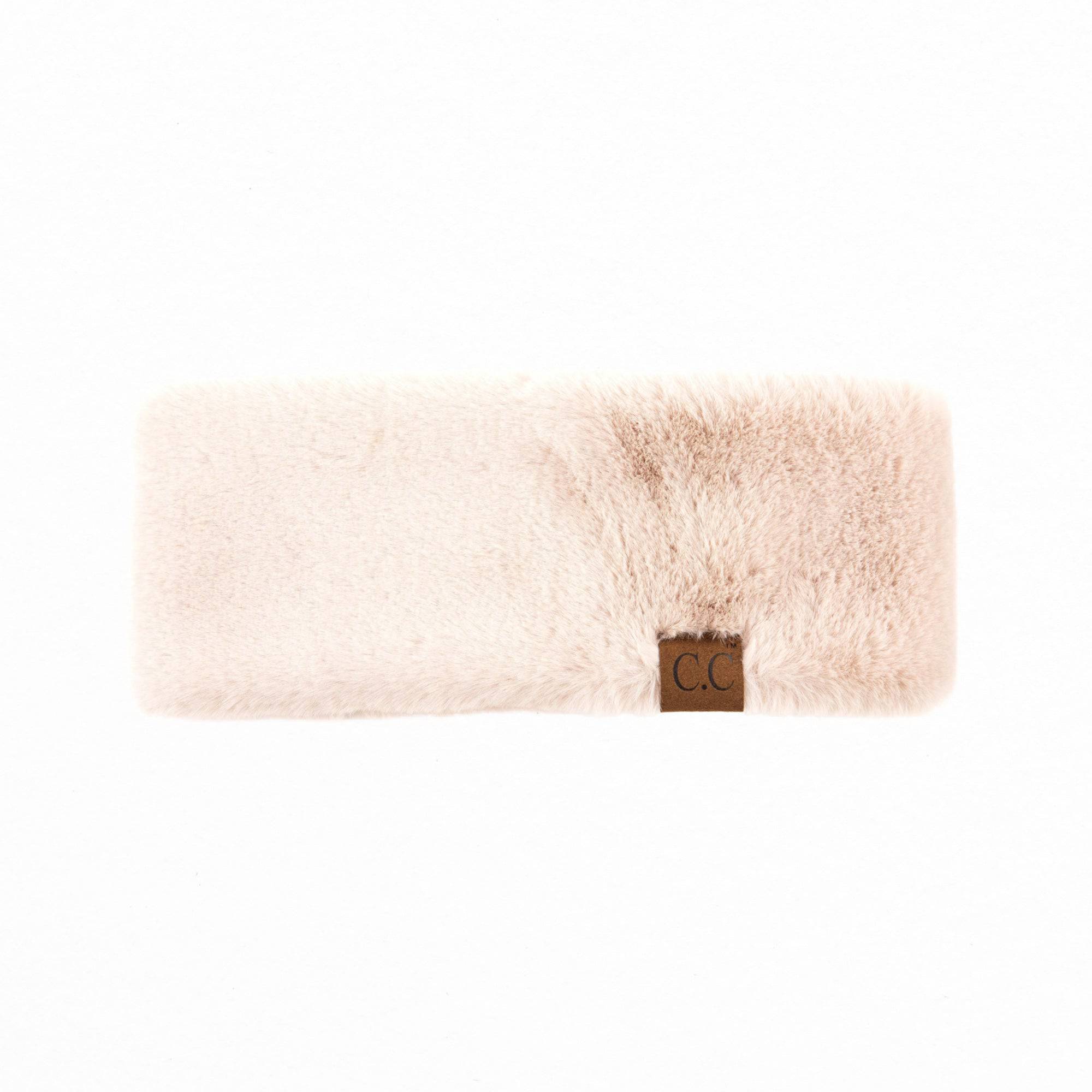 CC Sherpa Head Wrap in soft faux fur, showcasing adjustable Velcro closure and authentic C.C® branding.