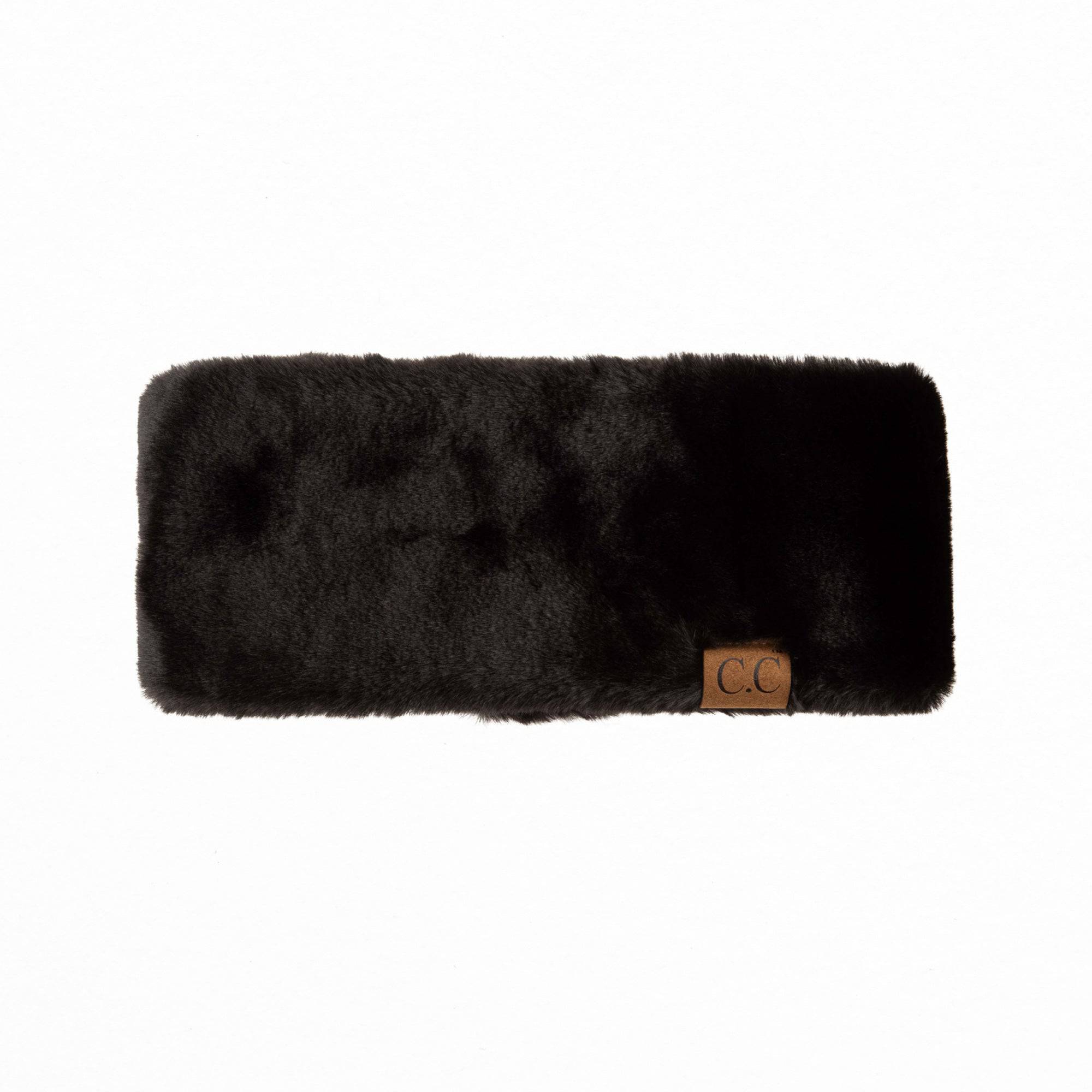 CC Sherpa Head Wrap in soft faux fur, showcasing adjustable Velcro closure and authentic C.C® branding.