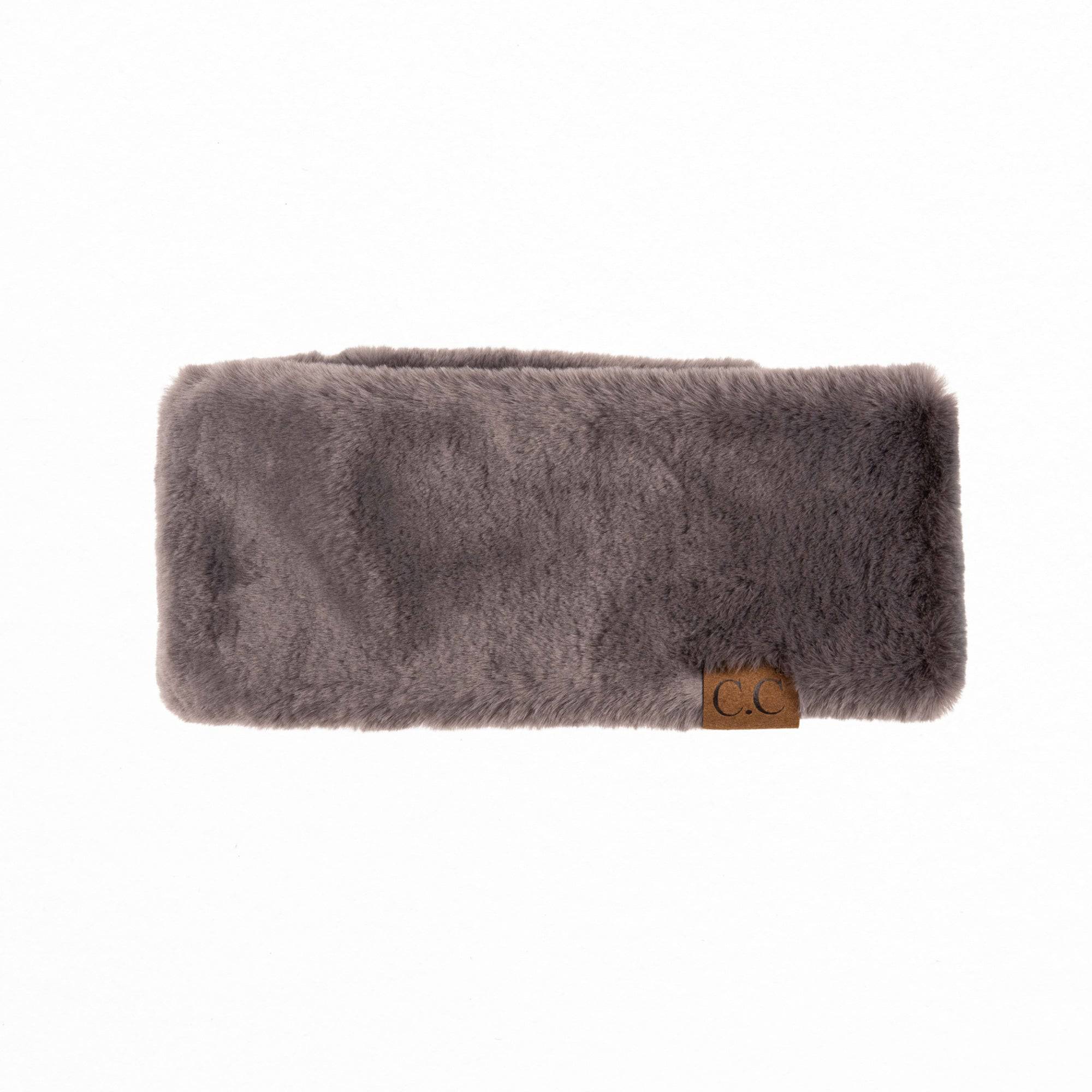 CC Sherpa Head Wrap in soft faux fur, showcasing adjustable Velcro closure and authentic C.C® branding.