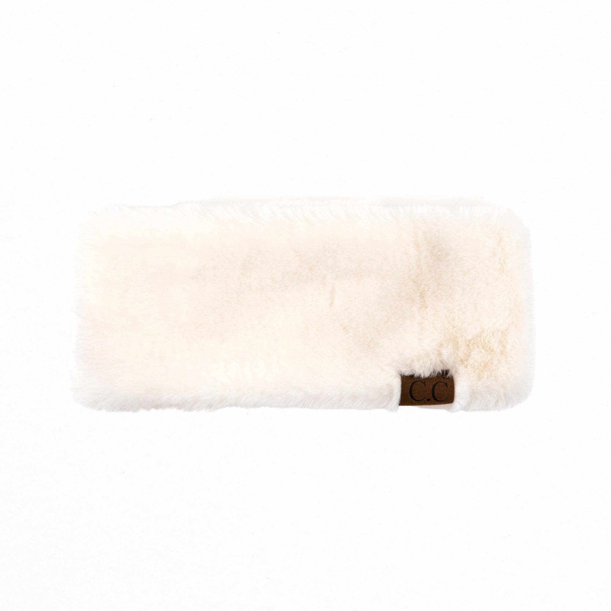 CC Sherpa Head Wrap in soft faux fur, showcasing adjustable Velcro closure and authentic C.C® branding.