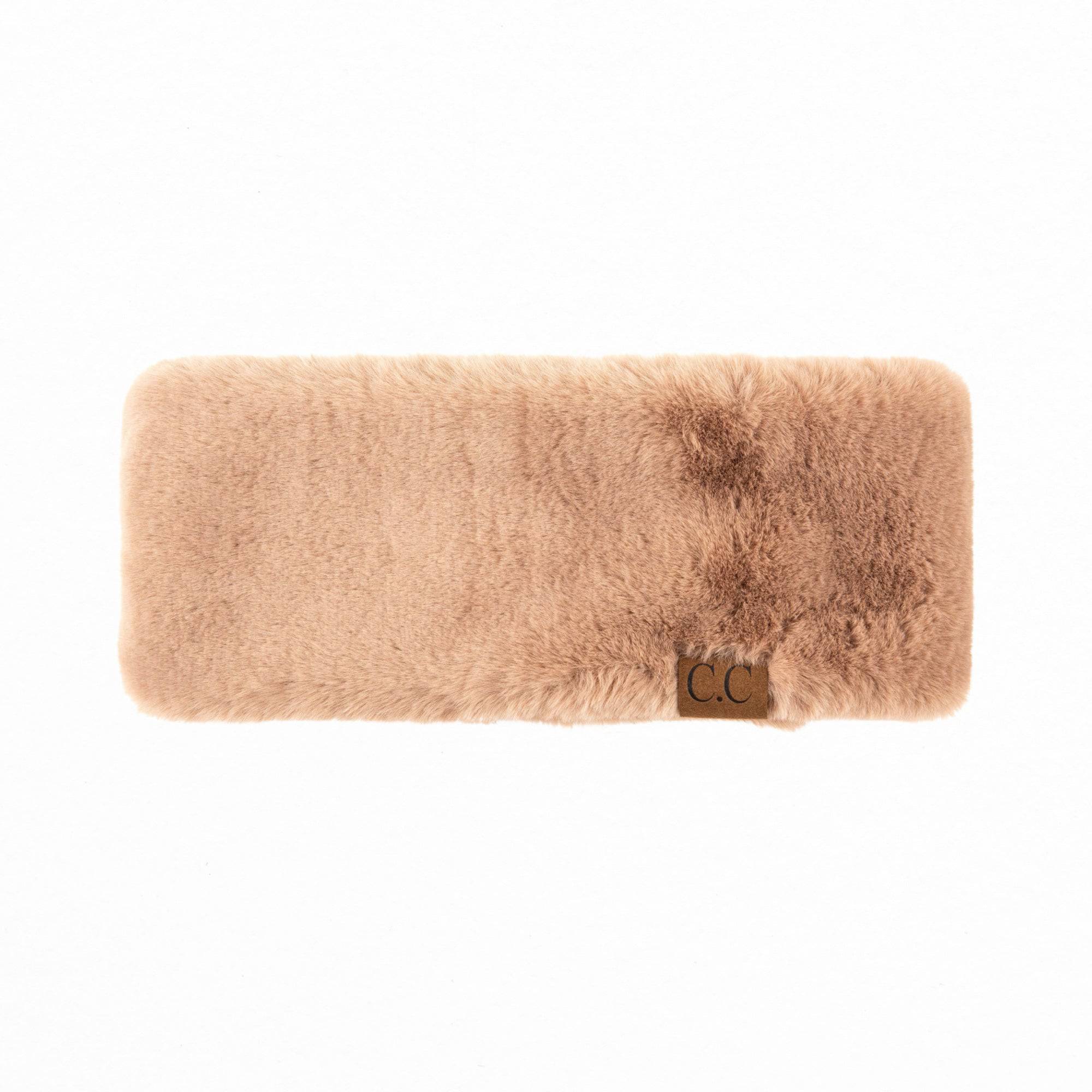 CC Sherpa Head Wrap in soft faux fur, showcasing adjustable Velcro closure and authentic C.C® branding.