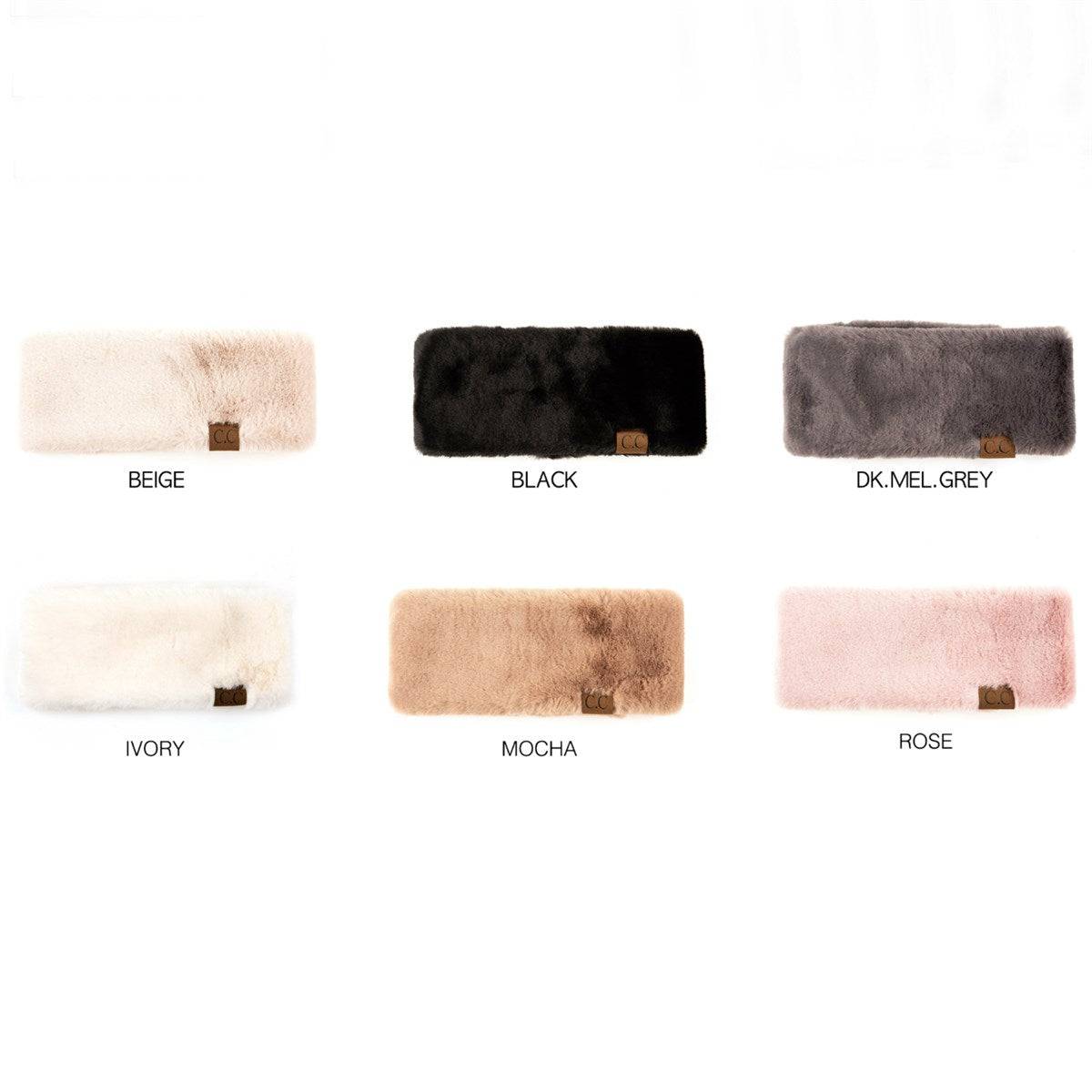 CC Sherpa Head Wrap in soft faux fur, showcasing adjustable Velcro closure and authentic C.C® branding.