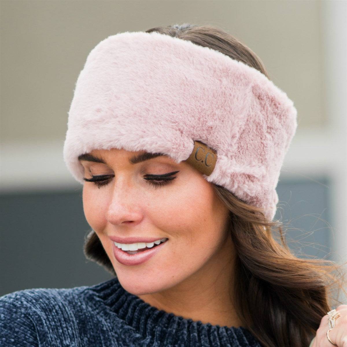 CC Sherpa Head Wrap in soft faux fur, showcasing adjustable Velcro closure and authentic C.C® branding.