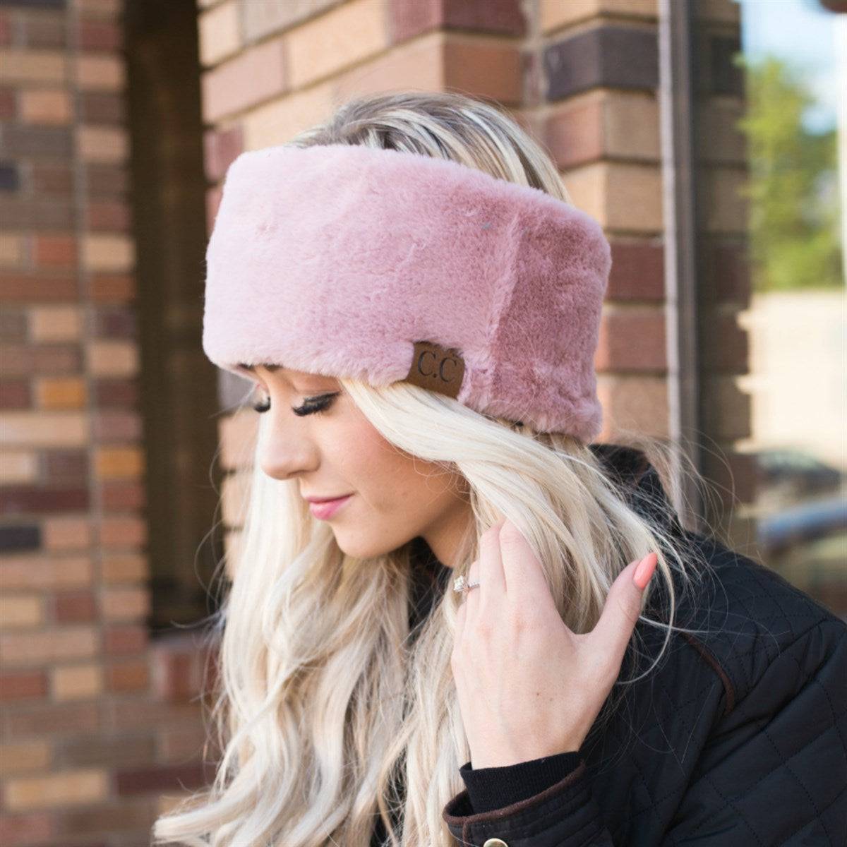 CC Sherpa Head Wrap in soft faux fur, showcasing adjustable Velcro closure and authentic C.C® branding.