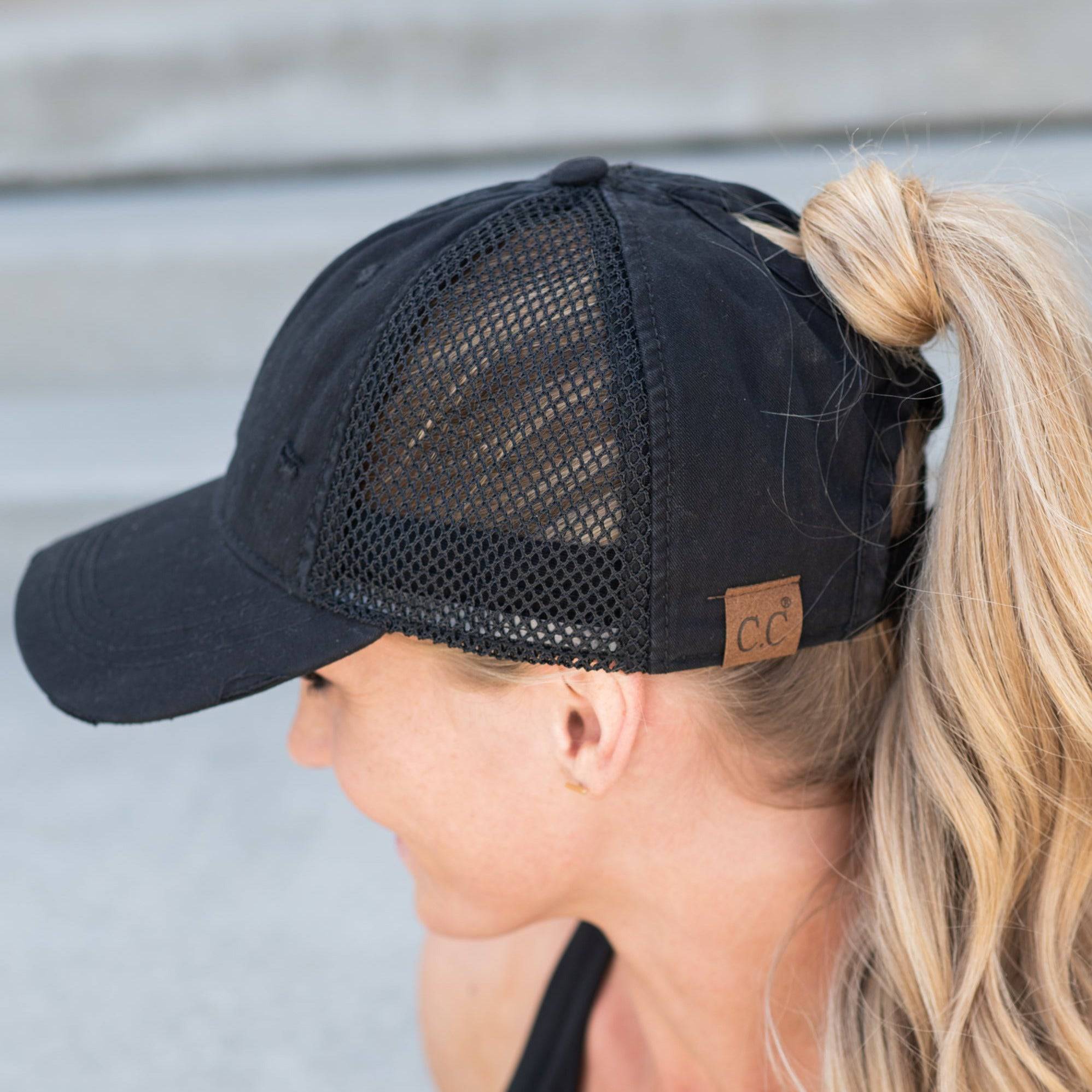 CC Solid Cotton Athleisure Cap featuring ponytail access, adjustable strap, and soft cotton material, suitable for women, teens, and kids.