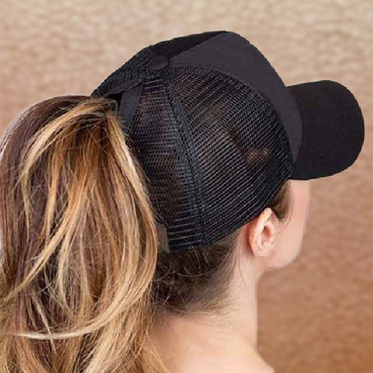 CC Solid Messy Bun Pony Cap featuring a stylish design with ponytail access, adjustable velcro back, and breathable mesh back, suitable for women, teens, and kids.