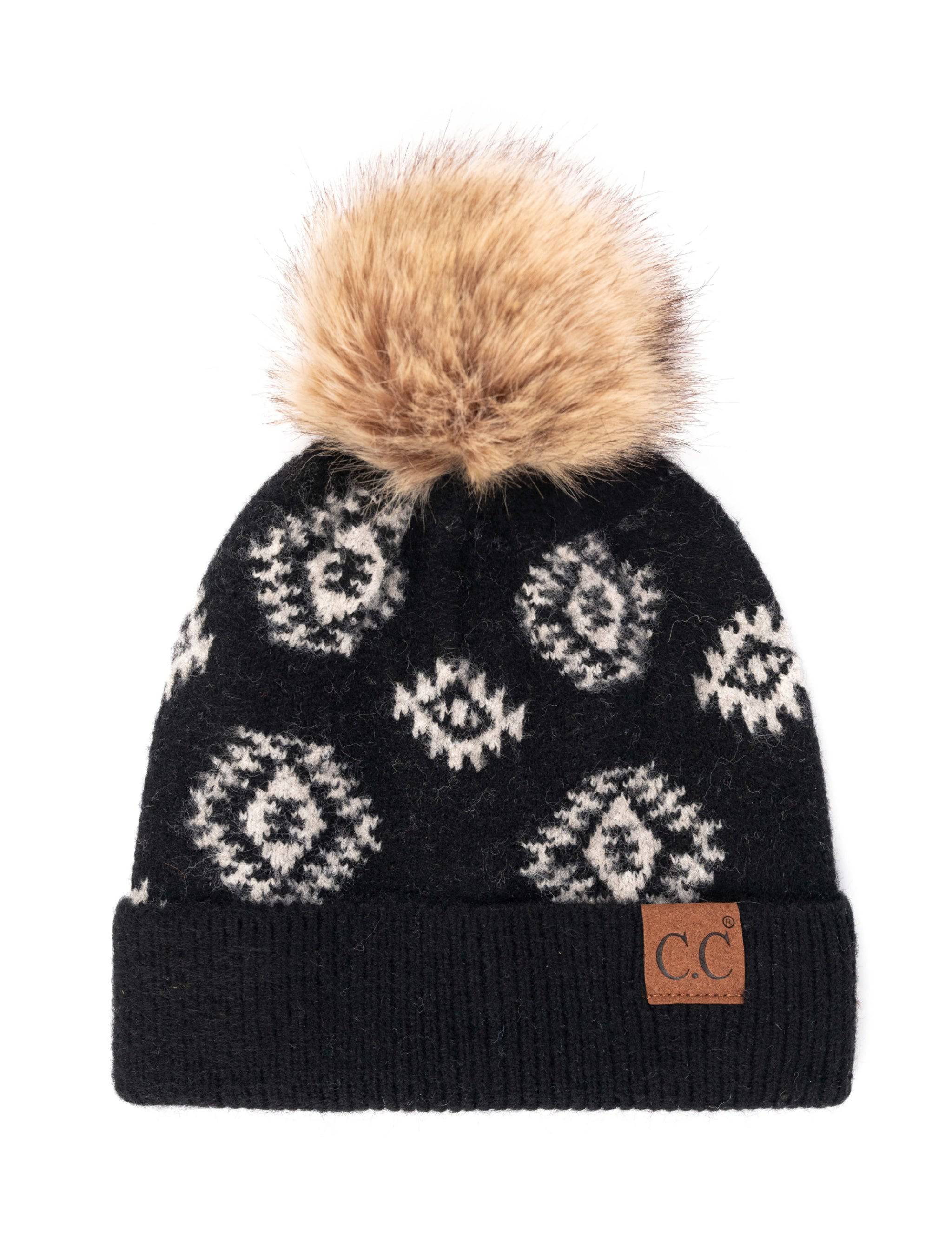 CC South Western Solid Beanie featuring a faux fur pom and Aztec print design, perfect for winter wear.