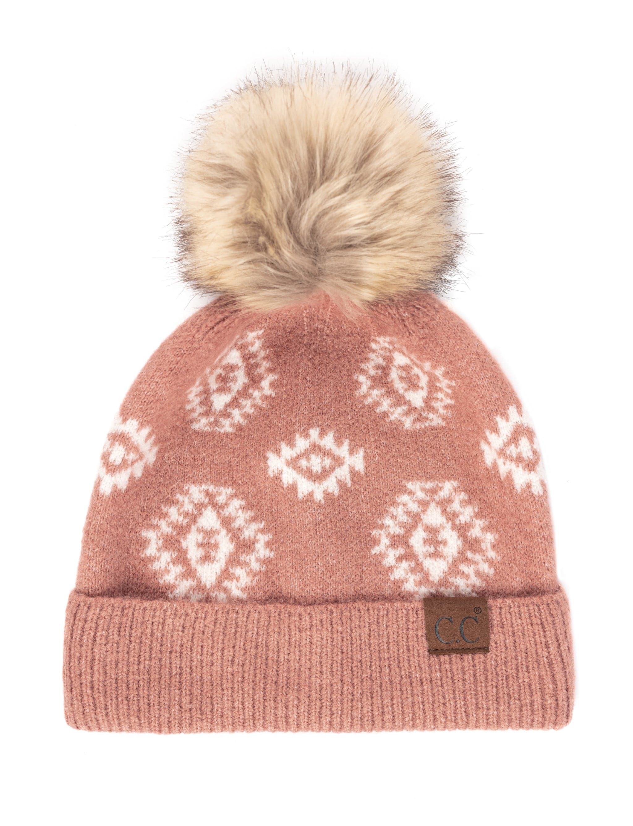 CC South Western Solid Beanie featuring a faux fur pom and Aztec print design, perfect for winter wear.