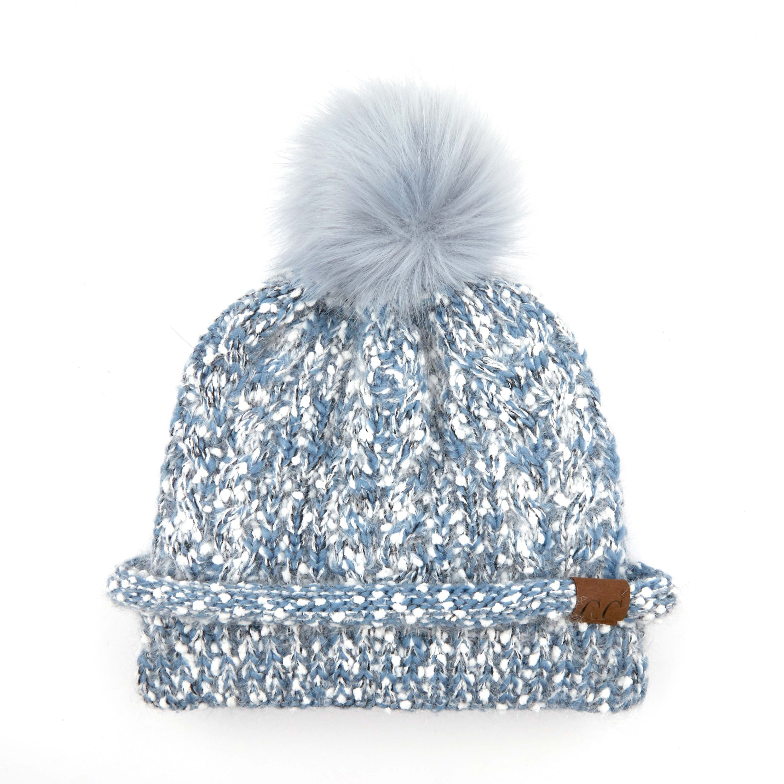 CC Speck Lined Beanie featuring a faux fur pom and speck pattern, perfect for cold weather wear.