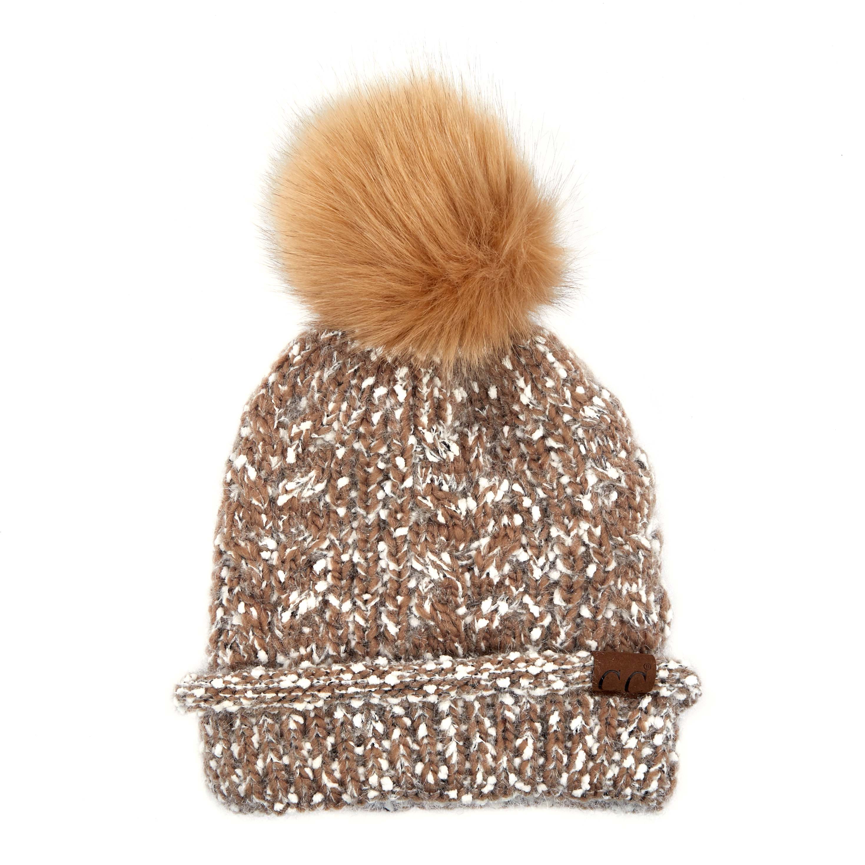 CC Speck Lined Beanie featuring a faux fur pom and speck pattern, perfect for cold weather wear.