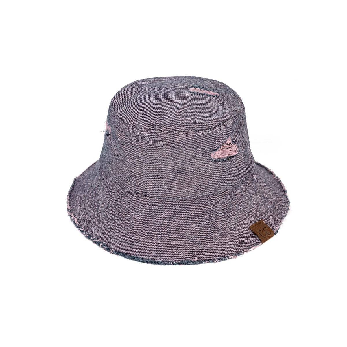 CC Stone Washed Denim Bucket hat with adjustable inner band, showcasing a trendy stone-wash finish, perfect for outdoor activities.