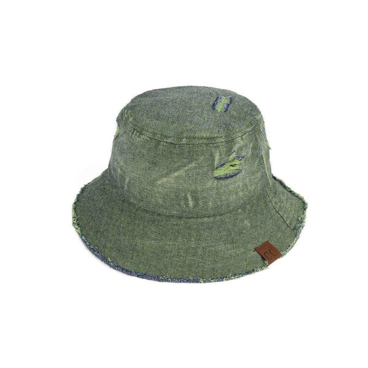 CC Stone Washed Denim Bucket hat with adjustable inner band, showcasing a trendy stone-wash finish, perfect for outdoor activities.