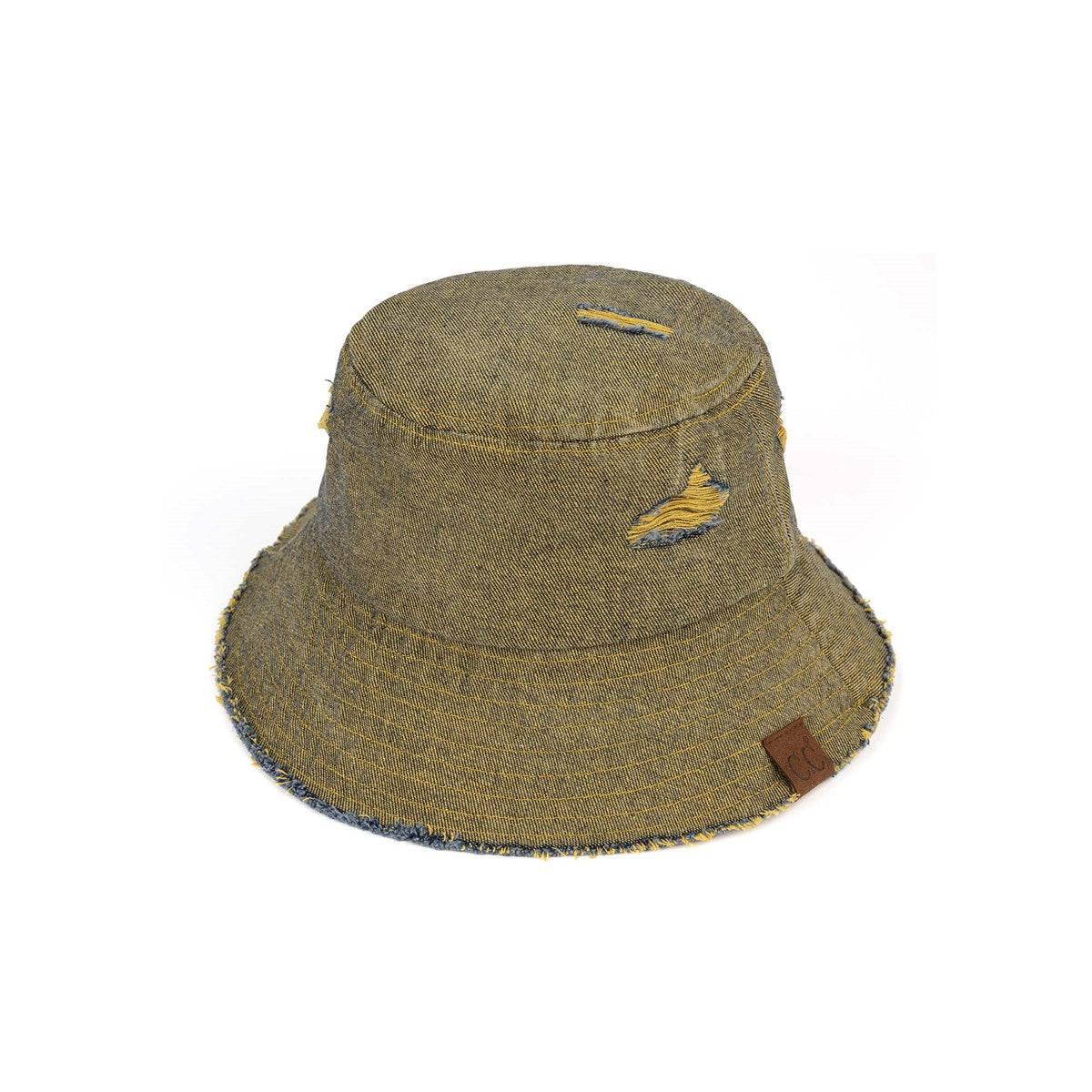 CC Stone Washed Denim Bucket hat with adjustable inner band, showcasing a trendy stone-wash finish, perfect for outdoor activities.