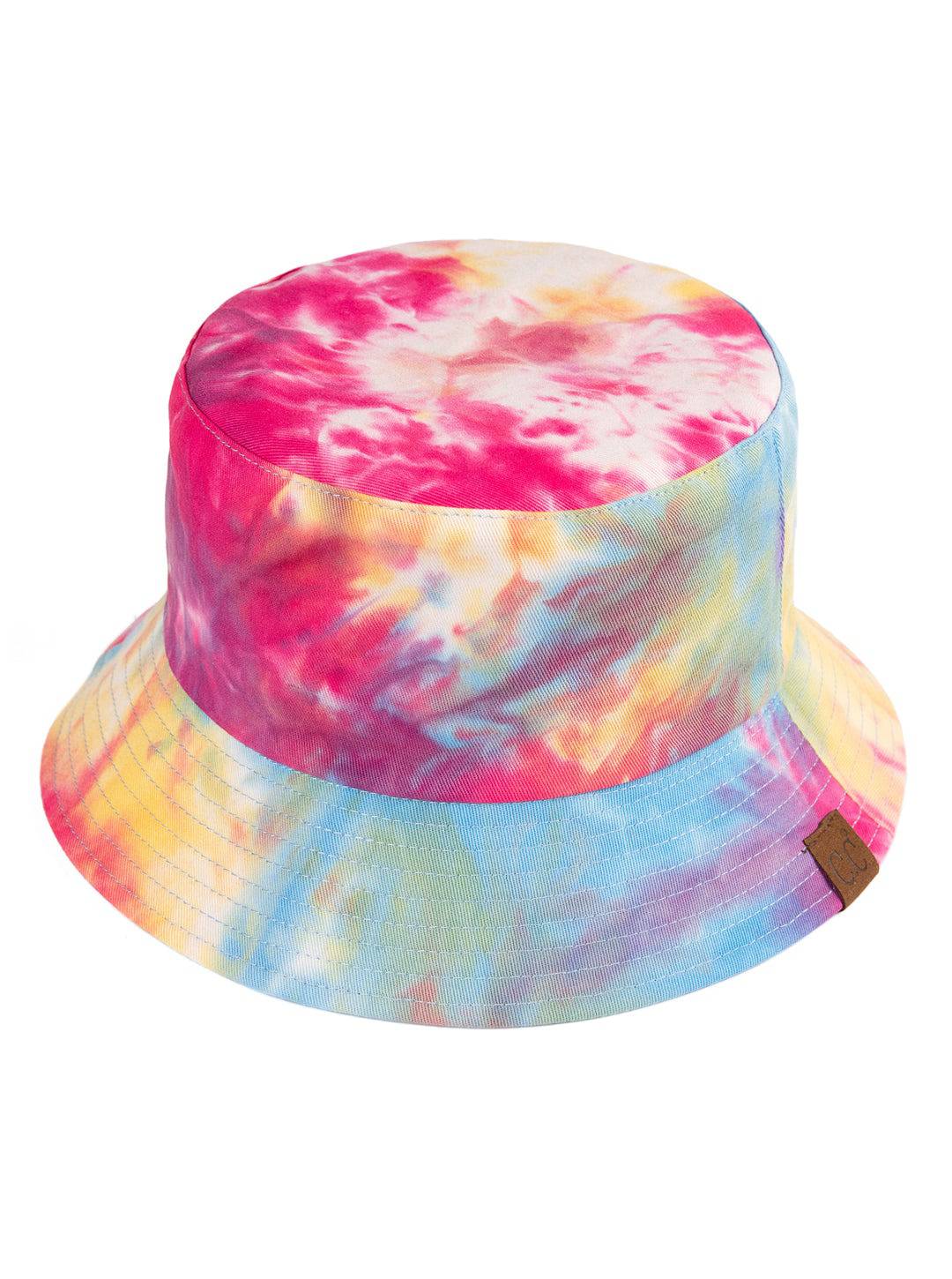 CC Tie-Dye Reversible Bucket Hat showcasing vibrant tie-dye pattern and solid color, perfect for youth and adults.