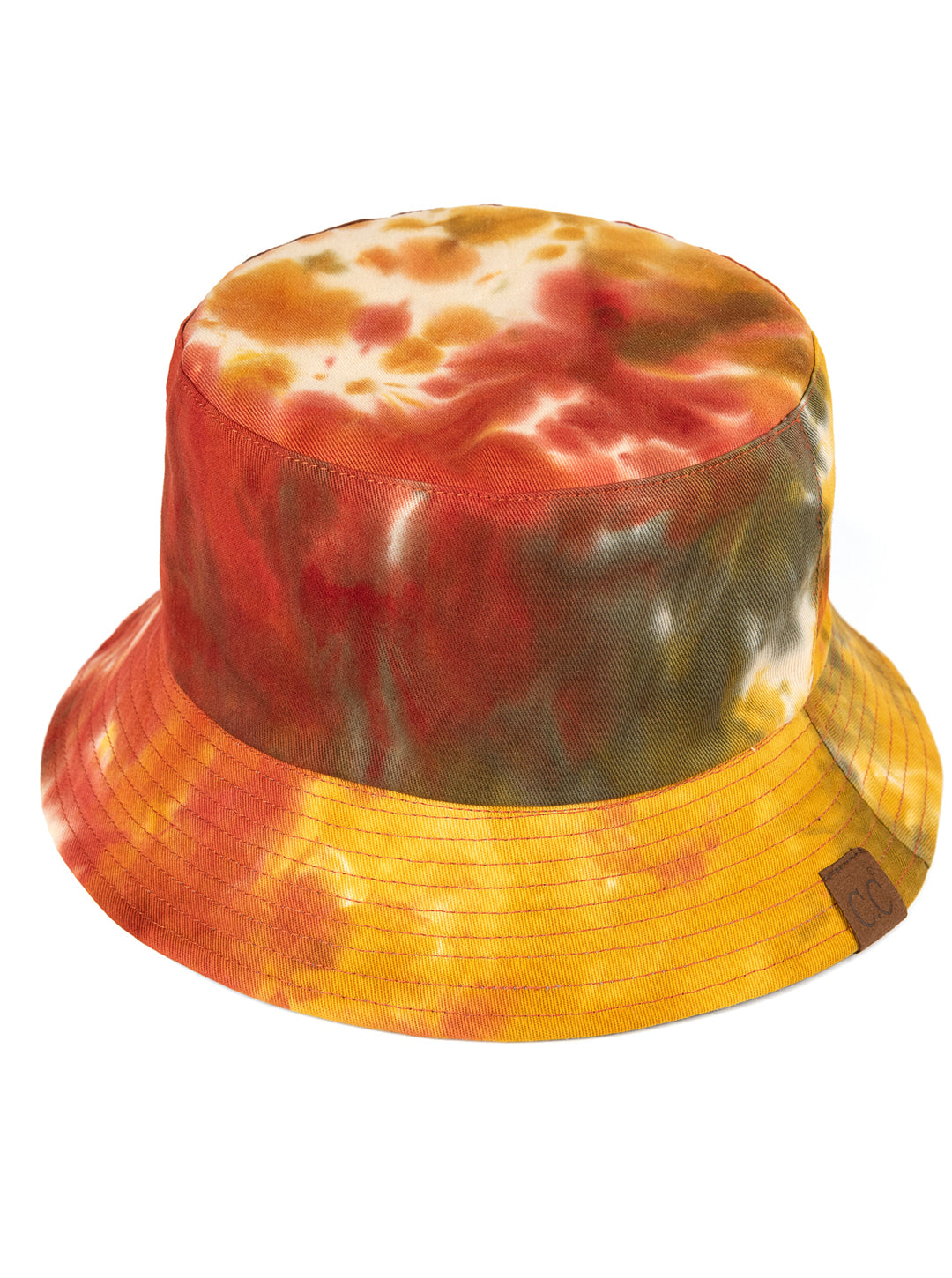 CC Tie-Dye Reversible Bucket Hat showcasing vibrant tie-dye pattern and solid color, perfect for youth and adults.