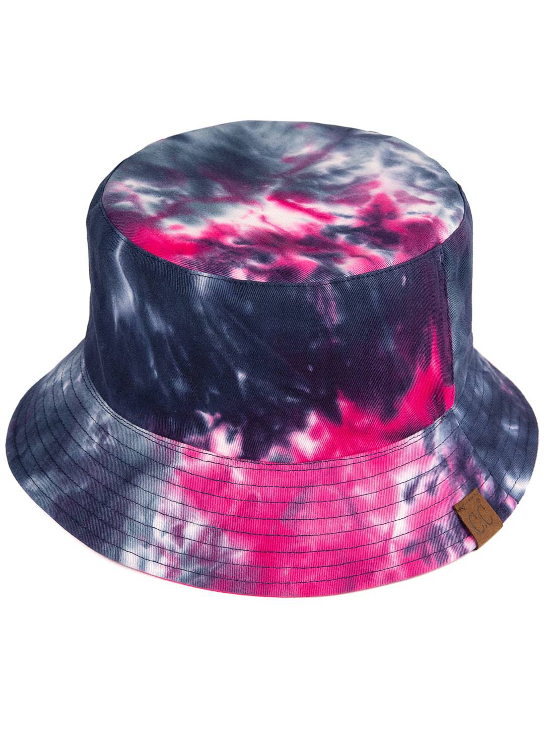 CC Tie-Dye Reversible Bucket Hat showcasing vibrant tie-dye pattern and solid color, perfect for youth and adults.