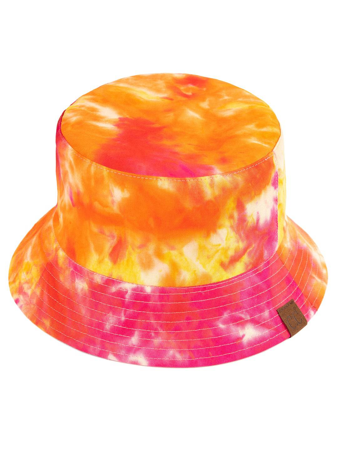 CC Tie-Dye Reversible Bucket Hat showcasing vibrant tie-dye pattern and solid color, perfect for youth and adults.