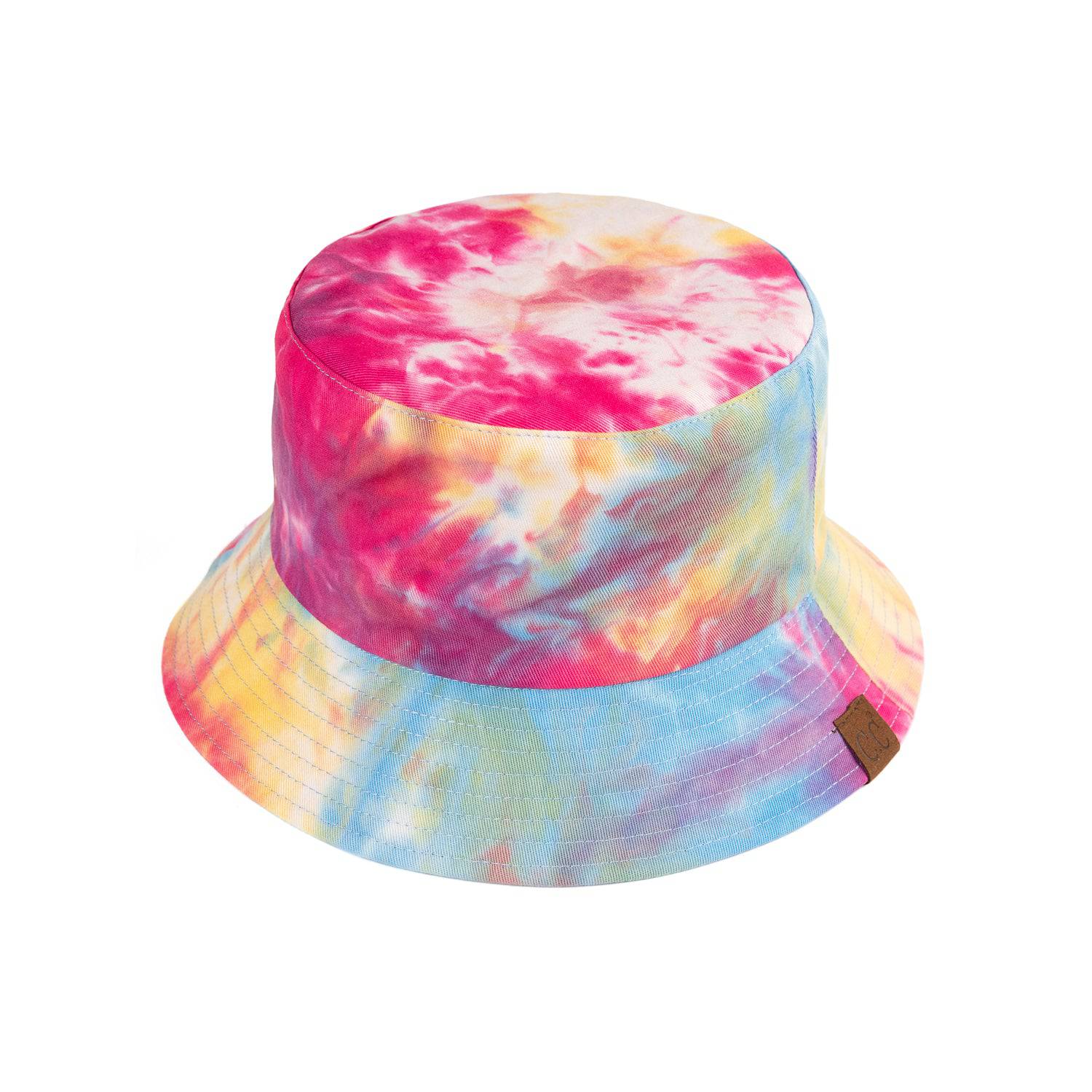 CC Tie-Dye Reversible Bucket Hat showcasing vibrant tie-dye pattern and solid color, perfect for youth and adults.