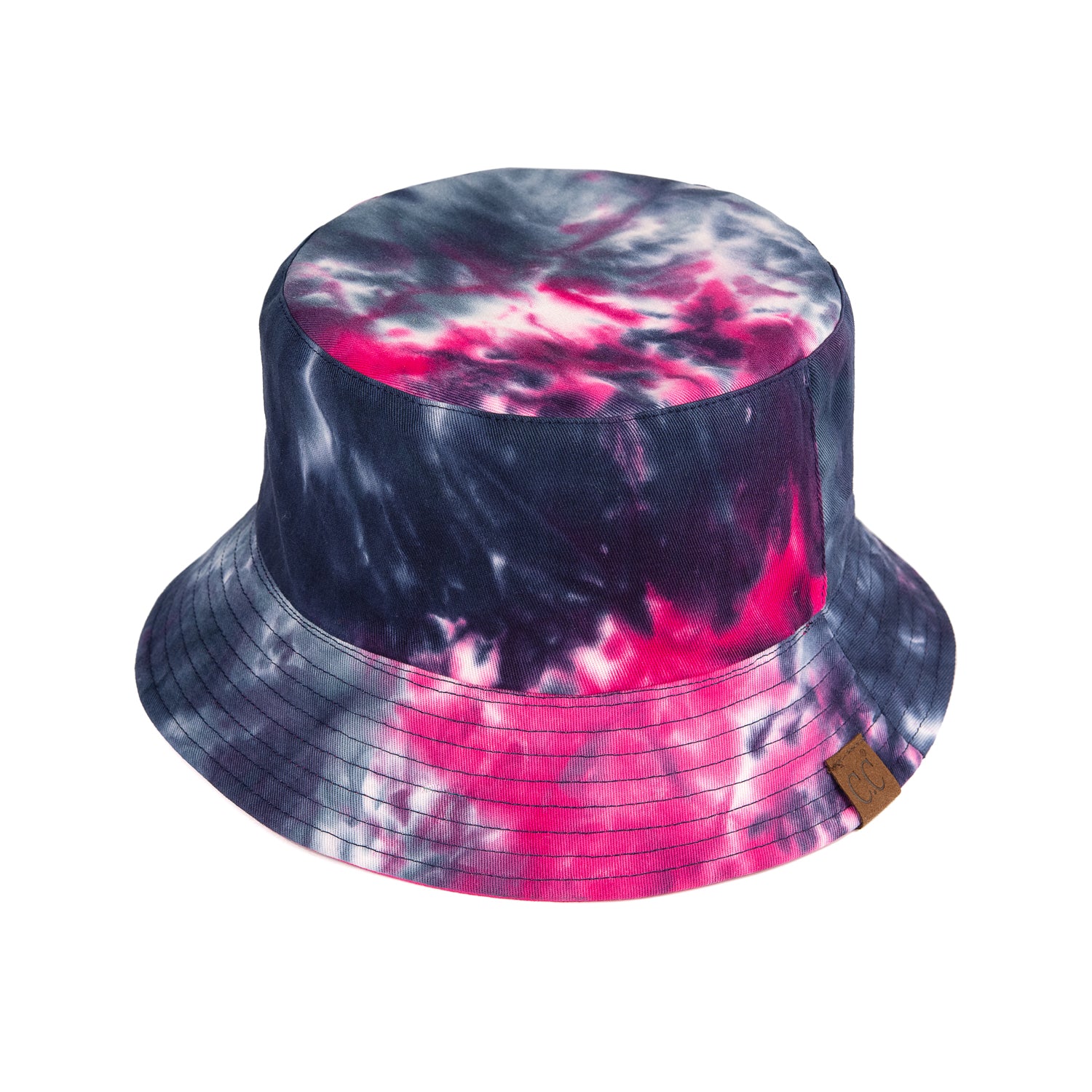 CC Tie-Dye Reversible Bucket Hat showcasing vibrant tie-dye pattern and solid color, perfect for youth and adults.