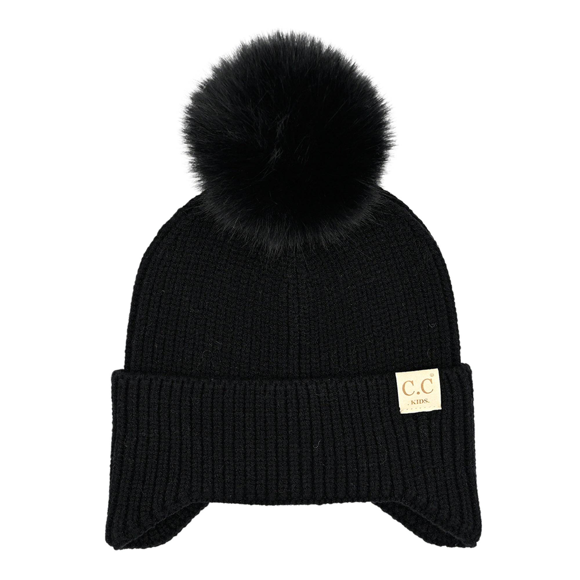 CC Toasty and Warm Pom Ear Flap Kids Beanie with double faux fur pom pom and ear flaps, designed for warmth and comfort.