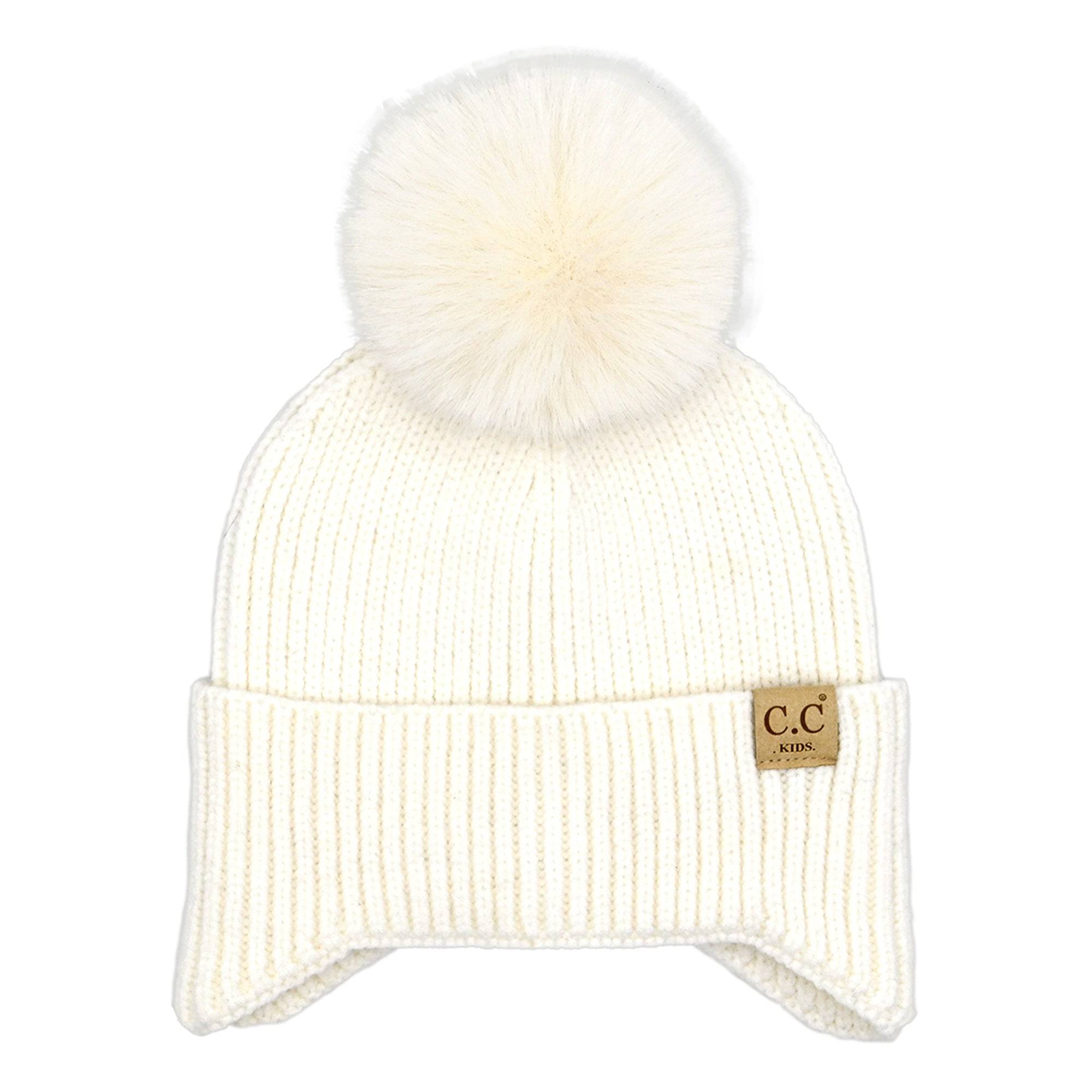 CC Toasty and Warm Pom Ear Flap Kids Beanie with double faux fur pom pom and ear flaps, designed for warmth and comfort.