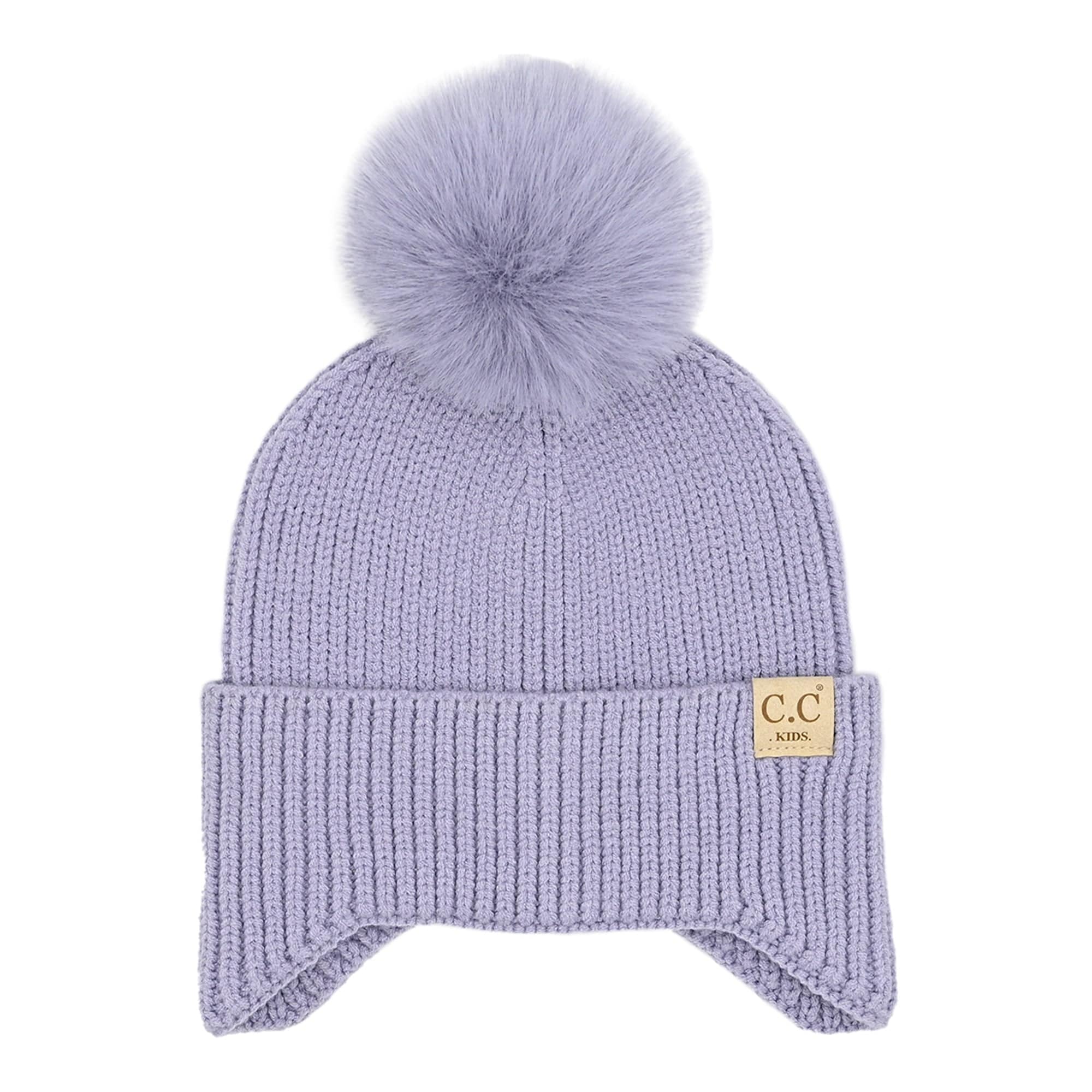 CC Toasty and Warm Pom Ear Flap Kids Beanie with double faux fur pom pom and ear flaps, designed for warmth and comfort.