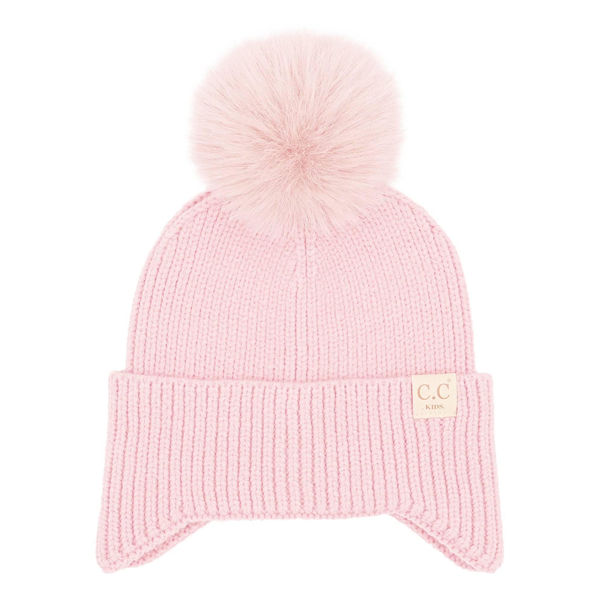 CC Toasty and Warm Pom Ear Flap Kids Beanie with double faux fur pom pom and ear flaps, designed for warmth and comfort.