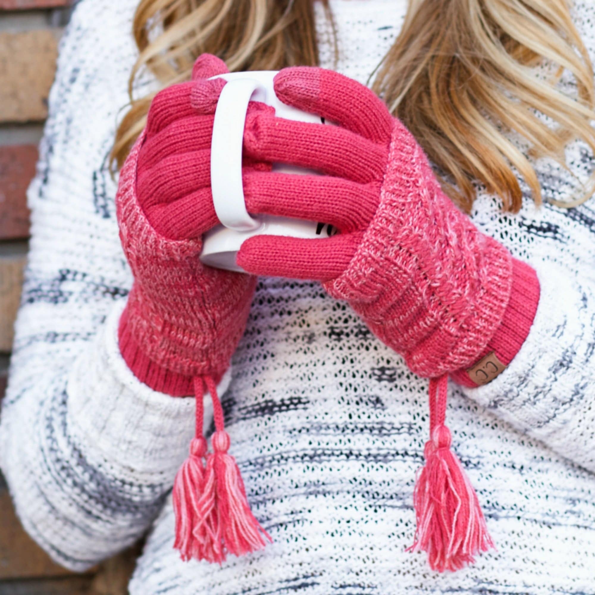 CC Touchscreen Gloves with removable cuff and pom, showcasing a stylish cable knit pattern in soft acrylic material.