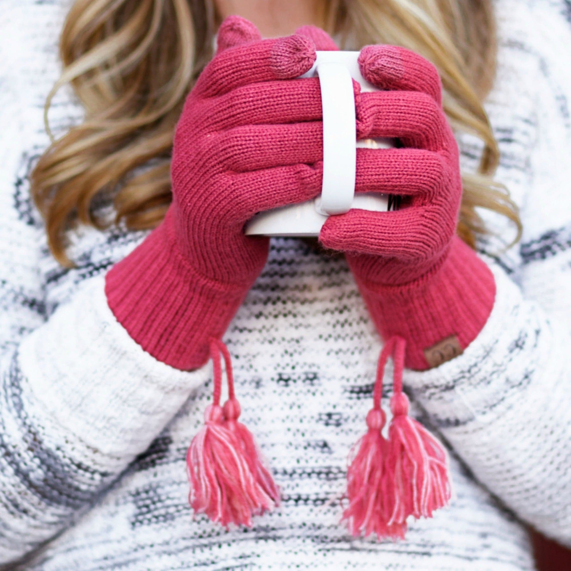 CC Touchscreen Gloves with removable cuff and pom, showcasing a stylish cable knit pattern in soft acrylic material.