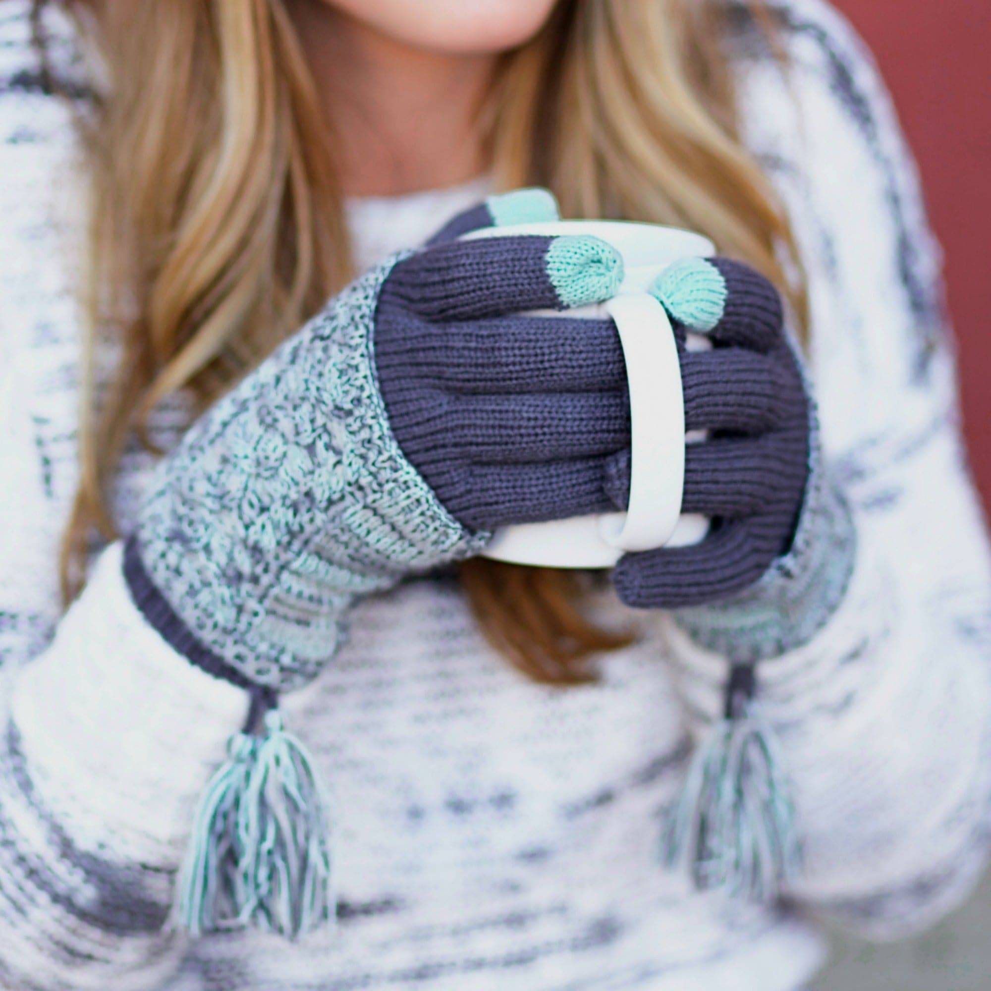 CC Touchscreen Gloves with removable cuff and pom, showcasing a stylish cable knit pattern in soft acrylic material.