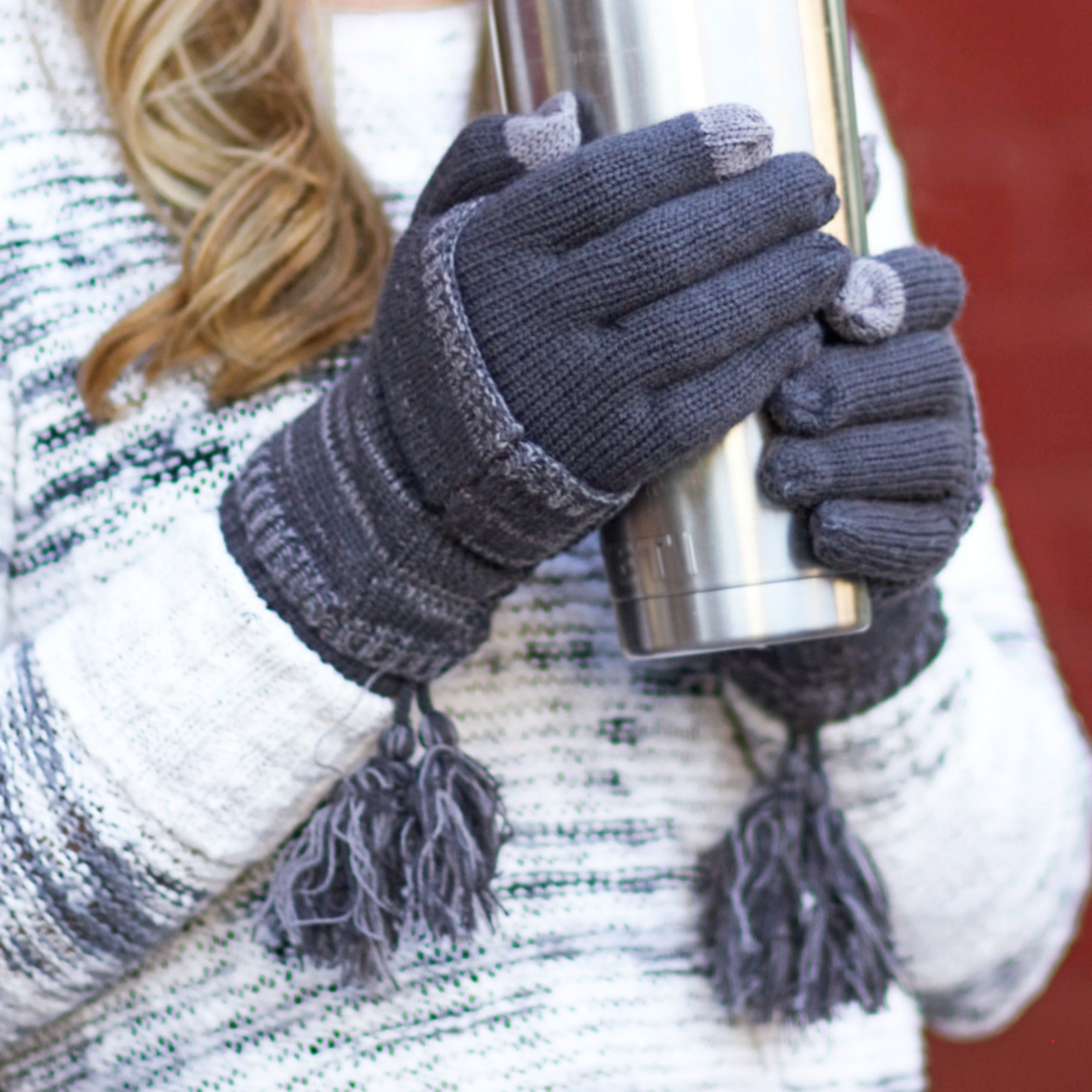 CC Touchscreen Gloves with removable cuff and pom, showcasing a stylish cable knit pattern in soft acrylic material.