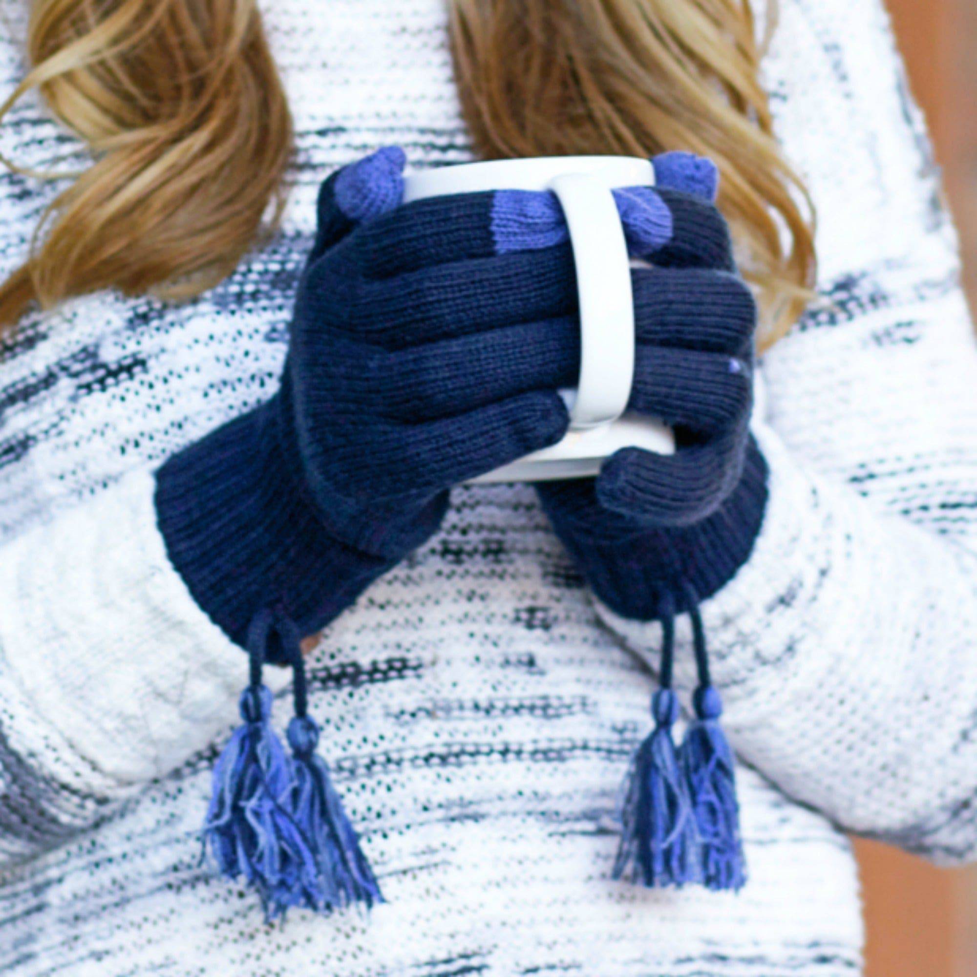 CC Touchscreen Gloves with removable cuff and pom, showcasing a stylish cable knit pattern in soft acrylic material.