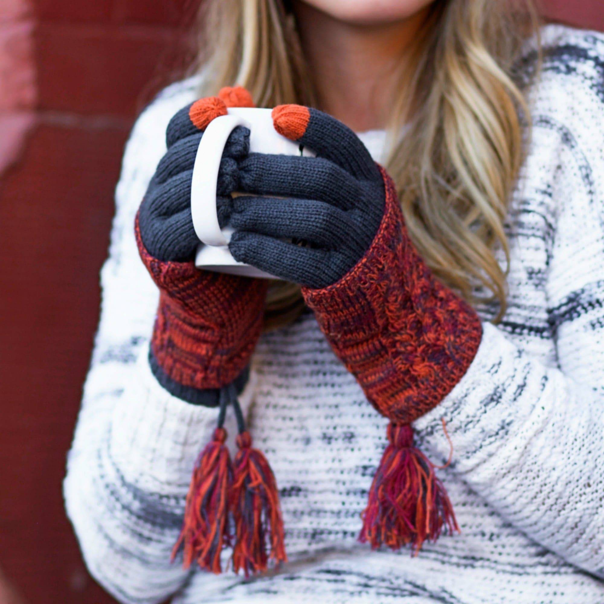 CC Touchscreen Gloves with removable cuff and pom, showcasing a stylish cable knit pattern in soft acrylic material.