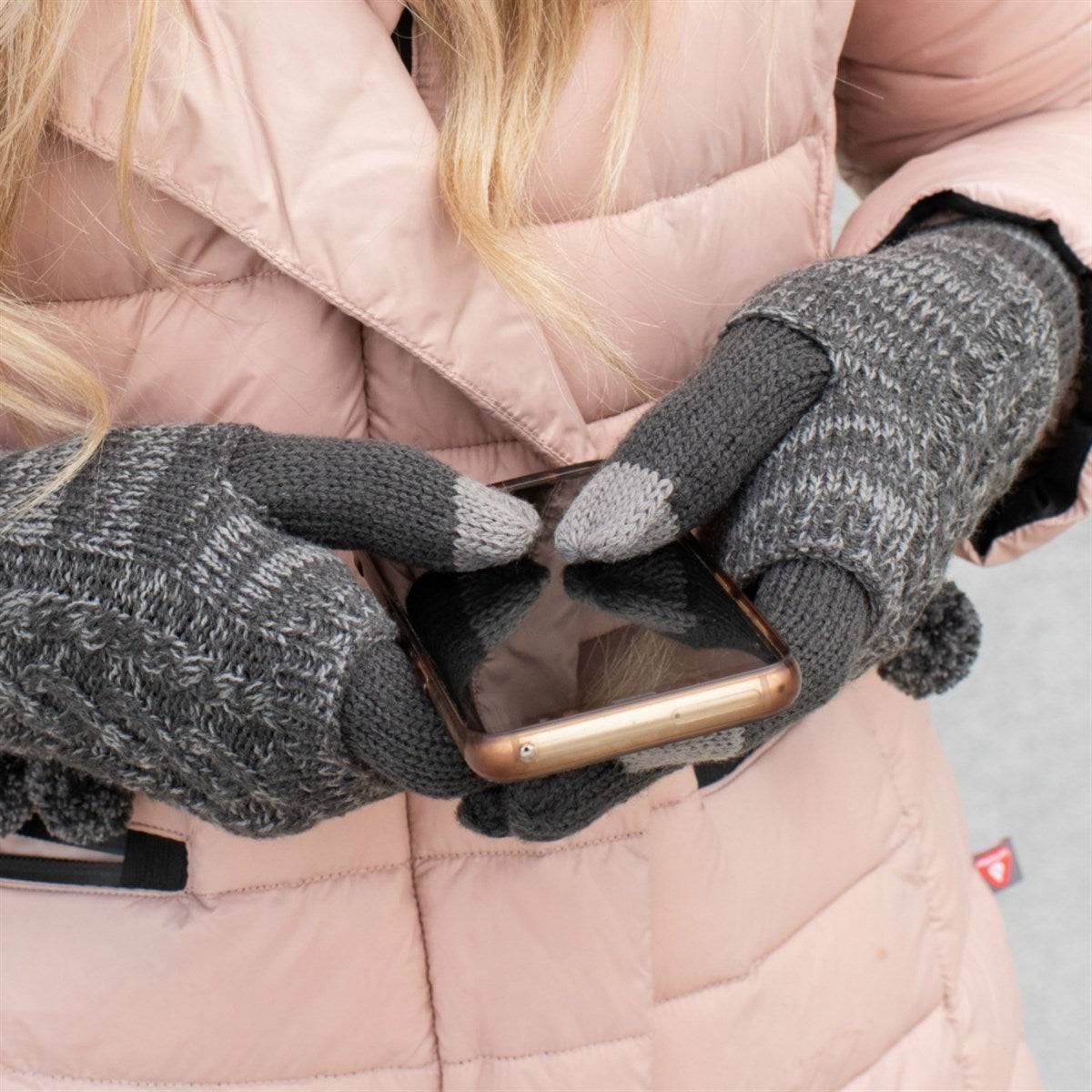 CC Touchscreen Gloves with removable cuff and pom, showcasing a stylish cable knit pattern in soft acrylic material.