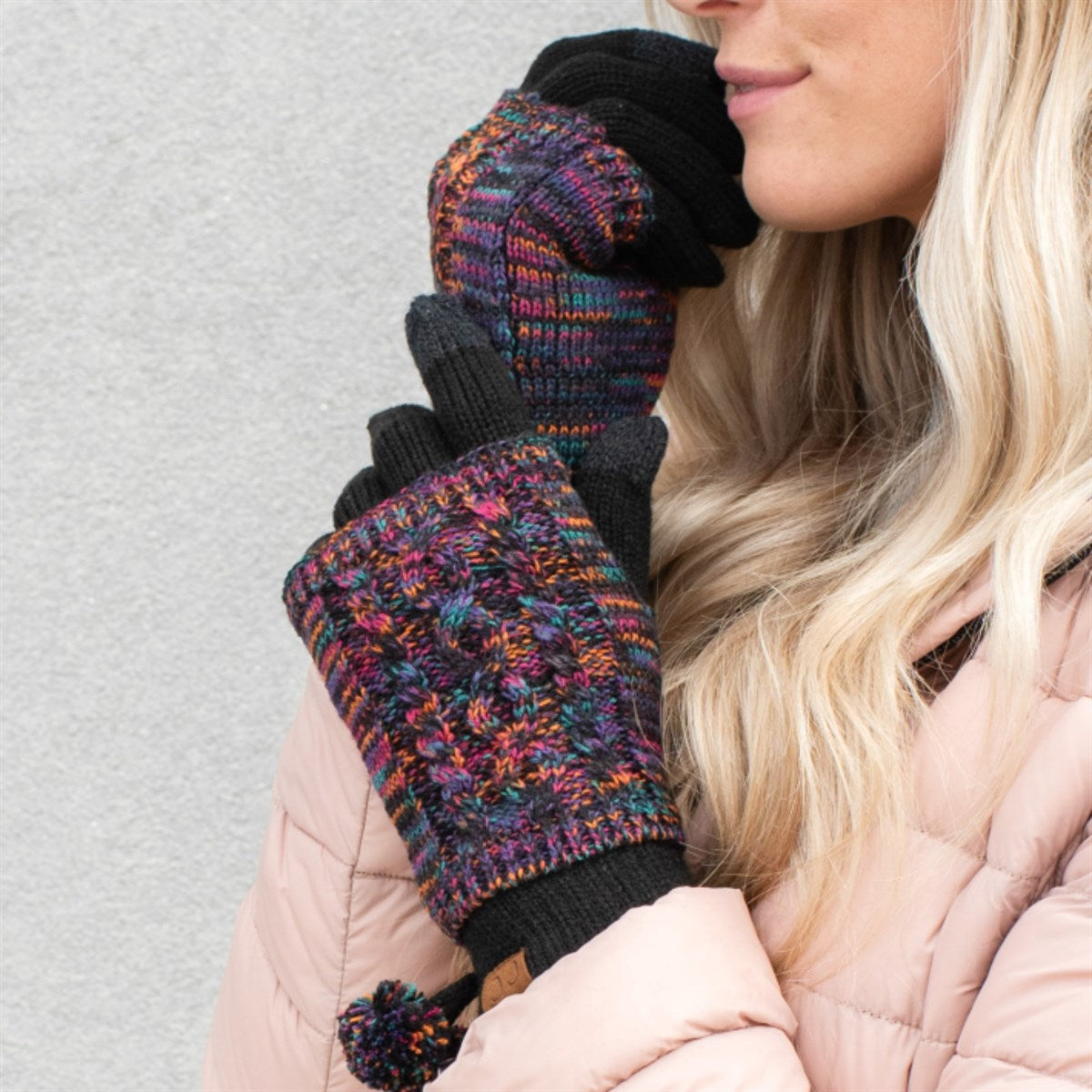 CC Touchscreen Gloves with removable cuff and pom, showcasing a stylish cable knit pattern in soft acrylic material.