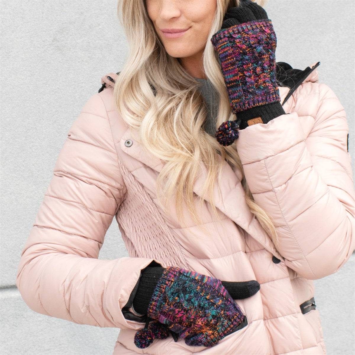 CC Touchscreen Gloves with removable cuff and pom, showcasing a stylish cable knit pattern in soft acrylic material.