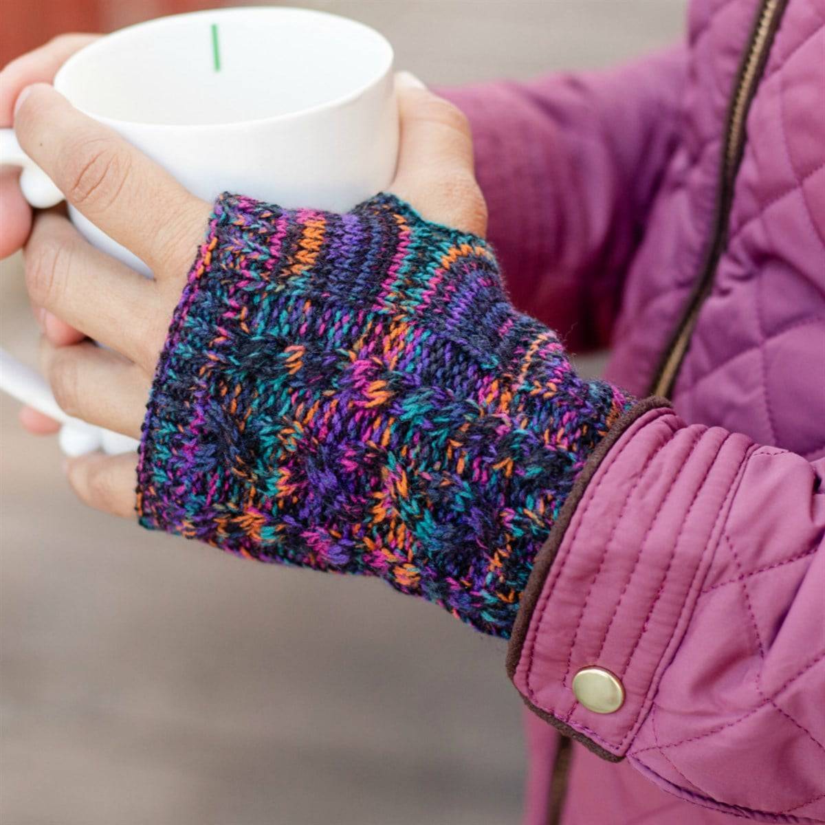 CC Touchscreen Gloves with removable cuff and pom, showcasing a stylish cable knit pattern in soft acrylic material.