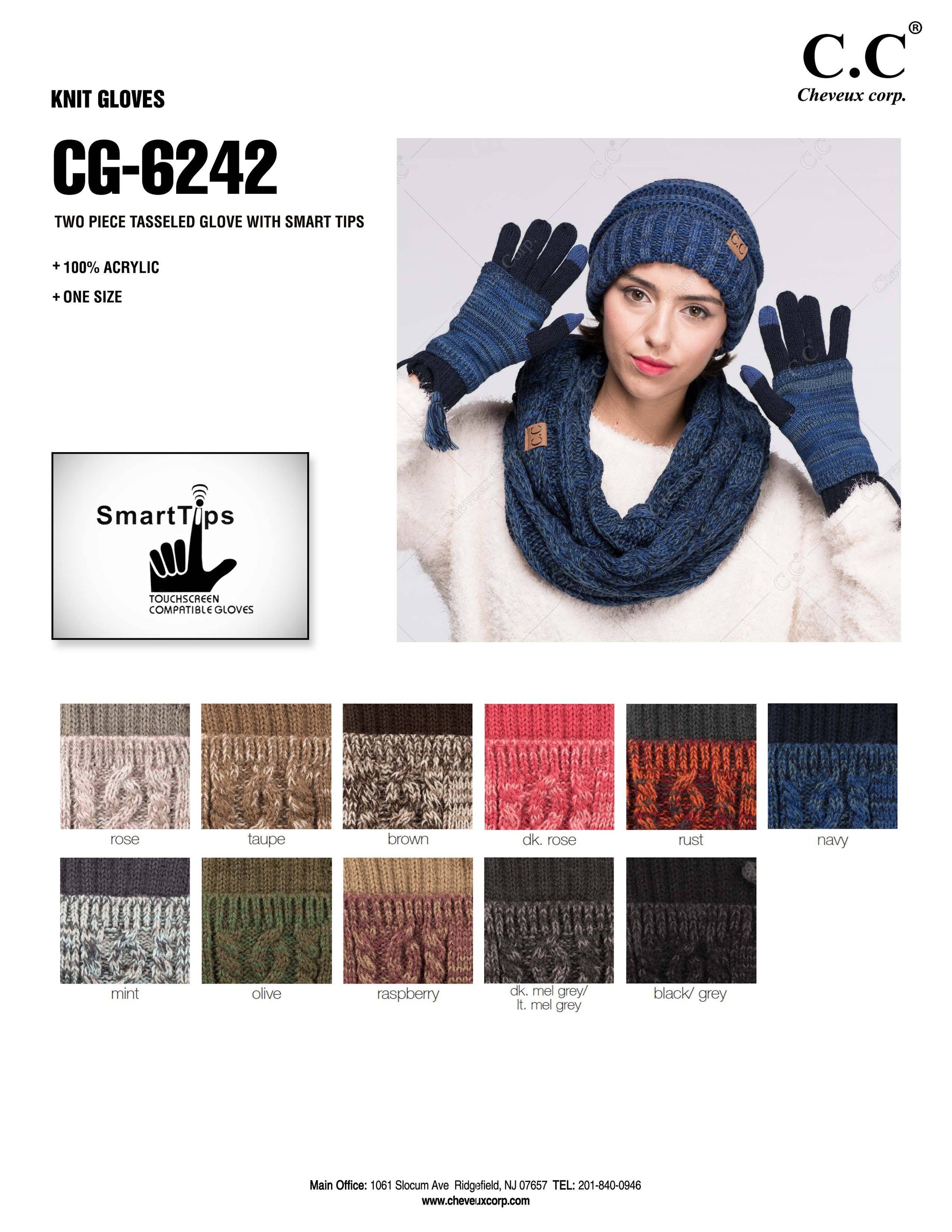 CC Touchscreen Gloves with removable cuff and pom, showcasing a stylish cable knit pattern in soft acrylic material.