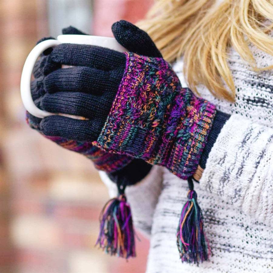 CC Touchscreen Gloves with removable cuff and pom, showcasing a stylish cable knit pattern in soft acrylic material.